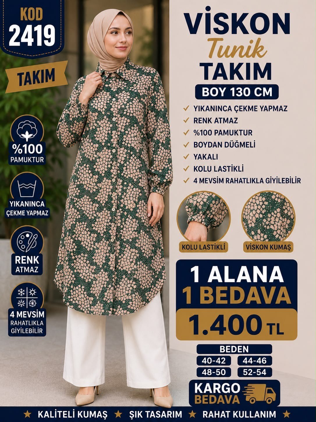 1 ALANA 1 BEDAVA 1400 TL KARGO BEDAVA VİSKON KUMAŞ TUNİKLİ TAKIM YEŞİL 