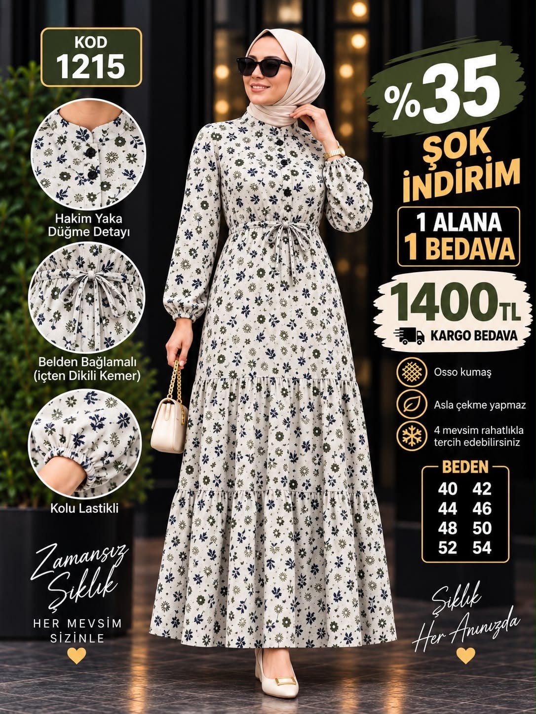 1 ALANA 1 BEDAVA 1400 TL KARGO BEDAVA OSSO KUMAŞ BELDEN BAĞLAMALI ELBİSE EKRU 