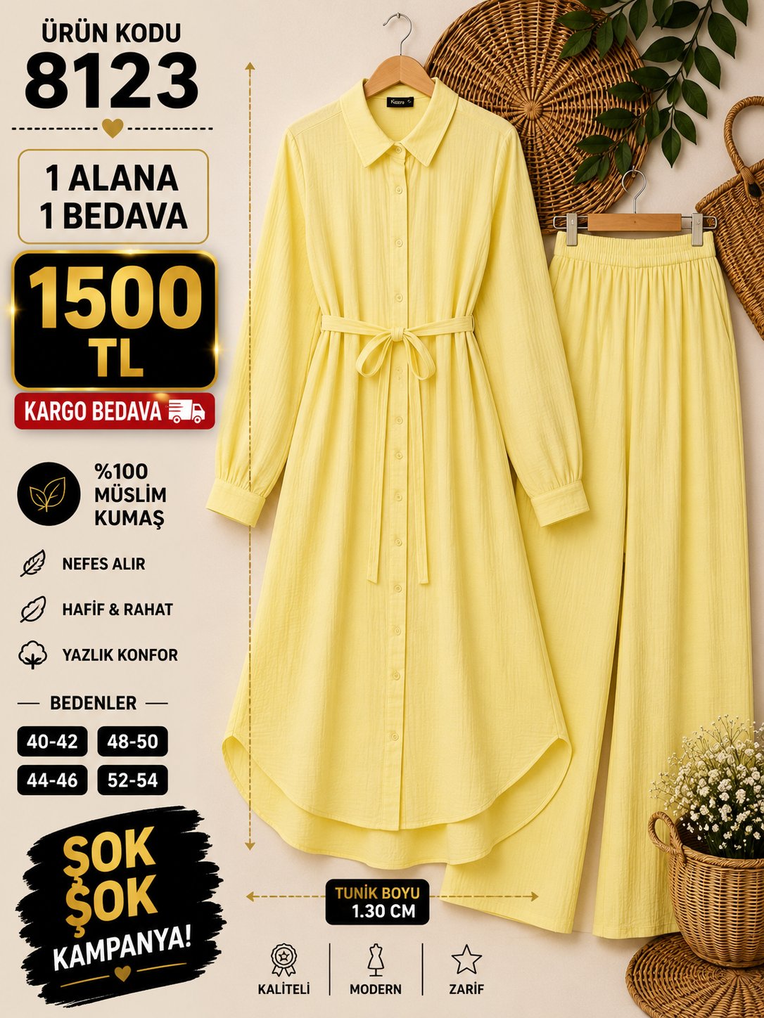 1 ALANA 1 BEDAVA 1500 TL KARGO BEDAVA MÜSLİN KUMAŞ PANTOLONLU BOYDAN DÜĞMELİ DİZ ALTI TUNİK TAKIM SARI 