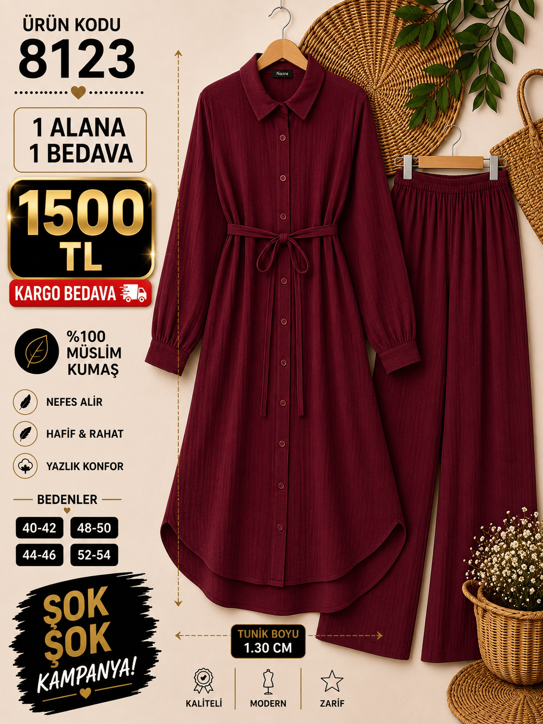1 ALANA 1 BEDAVA 1500 TL KARGO BEDAVA MÜSLİN KUMAŞ PANTOLONLU BOYDAN DÜĞMELİ DİZ ALTI TUNİK TAKIM BORDO 