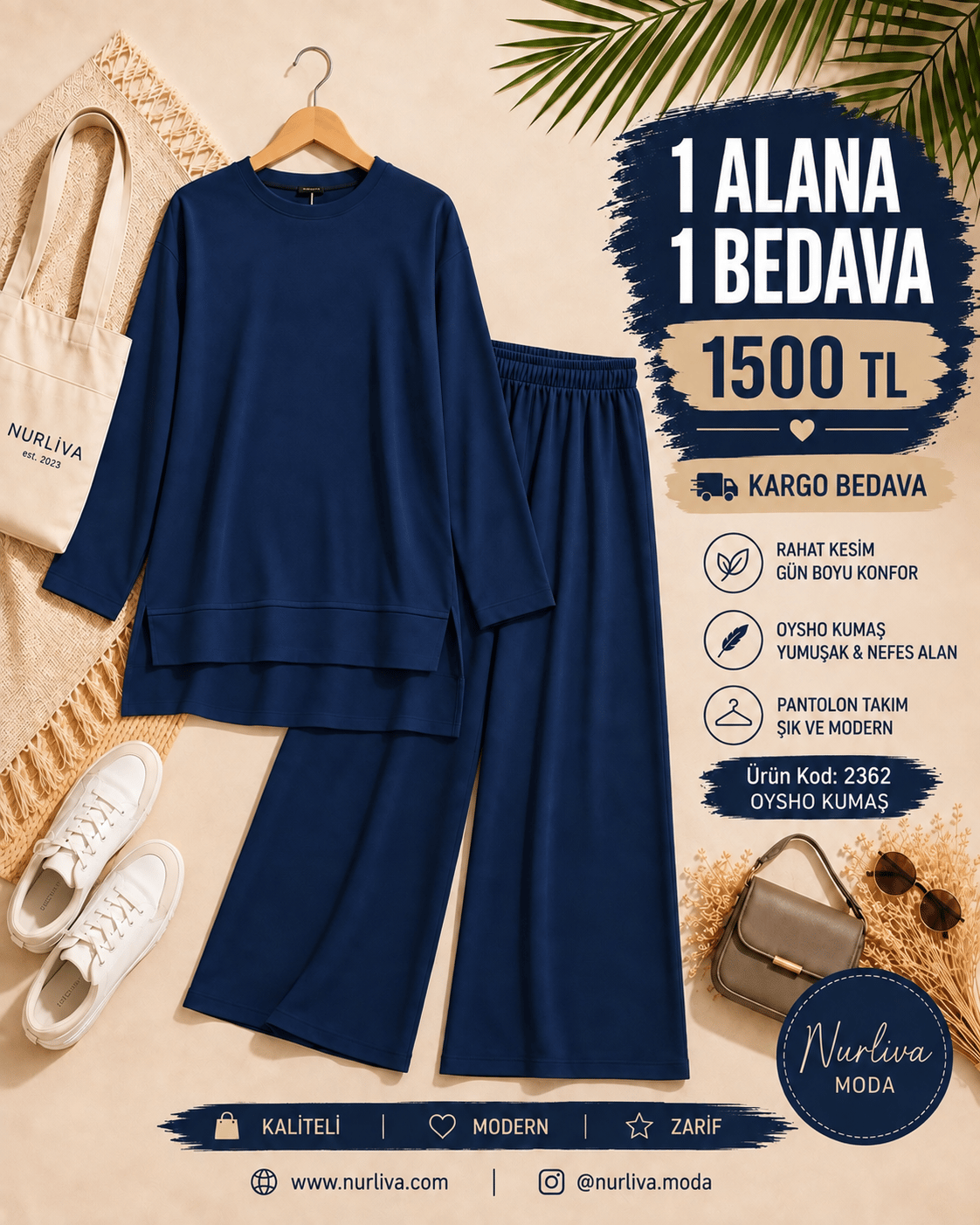 1 ALANA 1 BEDAVA 1500 TL KARGO BEDAVA OYSHO KUMAŞ PANTOLONLU TAKIM  LACİVERT 