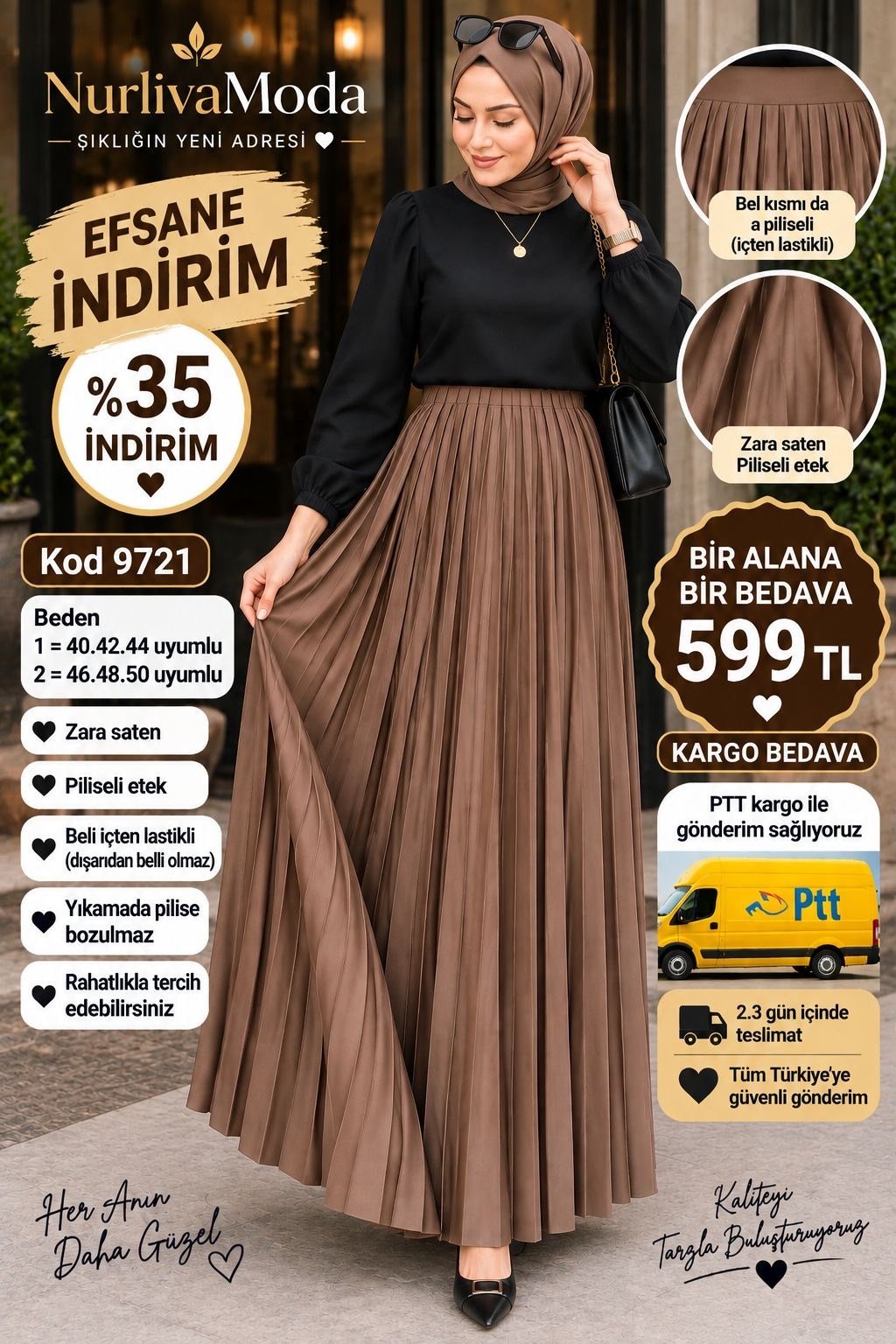1 ALANA 1 BEDAVA 599 TL KARGO BEDAVA PİLİSELİ ZARA SATEN BELİ ETEK  KAHVERENGİ 