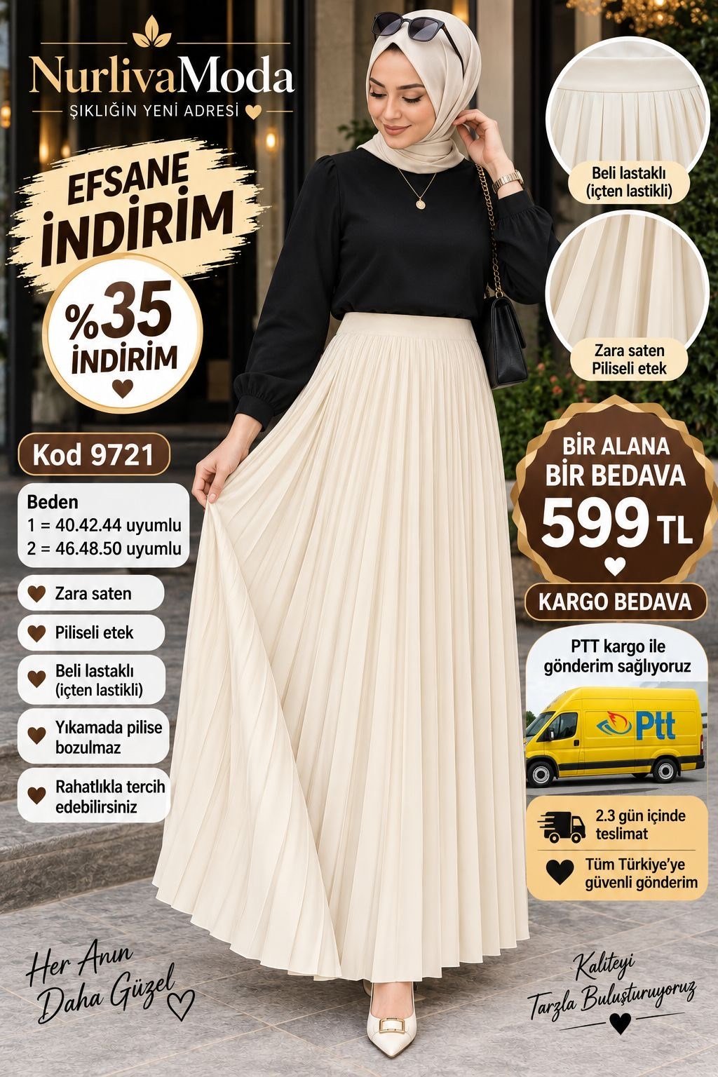1 ALANA 1 BEDAVA 599 TL KARGO BEDAVA PİLİSELİ ZARA SATEN BELİ ETEK  EKRU 