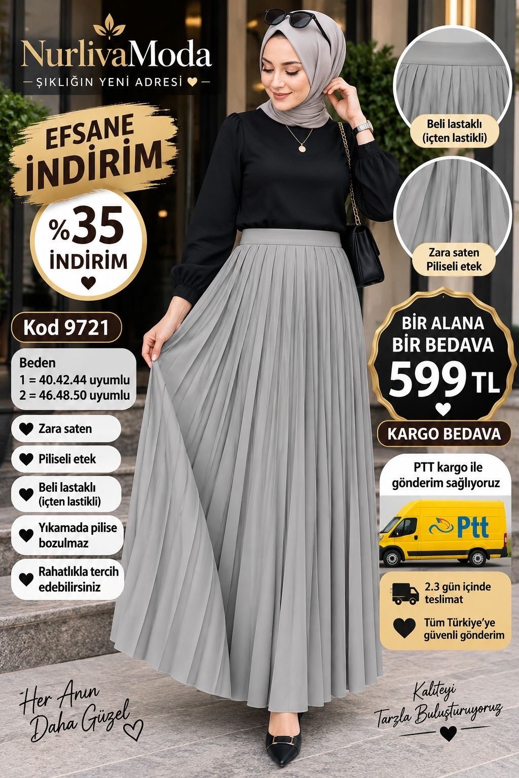 1 ALANA 1 BEDAVA 599 TL KARGO BEDAVA PİLİSELİ ZARA SATEN BELİ ETEK  AÇIK GRİ 