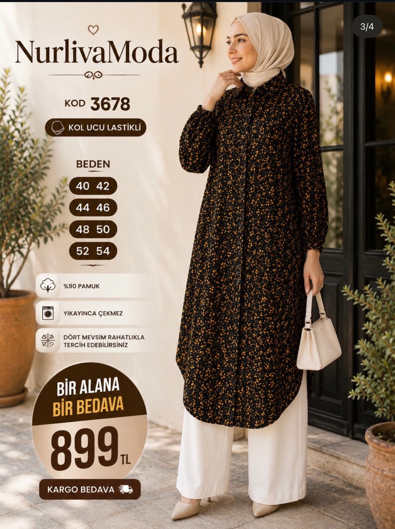 1 ALANA  1 BEDAVA 899 TL KARGO BEDAVA MÜSLİM KETEN KUMAŞ ÇİÇEK DESENLİ BOYDAN DÜĞMELİ  TUNİK  SİYAH 