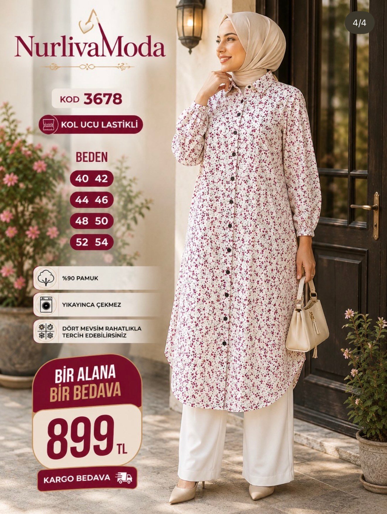 1 ALANA  1 BEDAVA 899 TL KARGO BEDAVA MÜSLİM KETEN KUMAŞ ÇİÇEK DESENLİ BOYDAN DÜĞMELİ  TUNİK  BEYAZ 