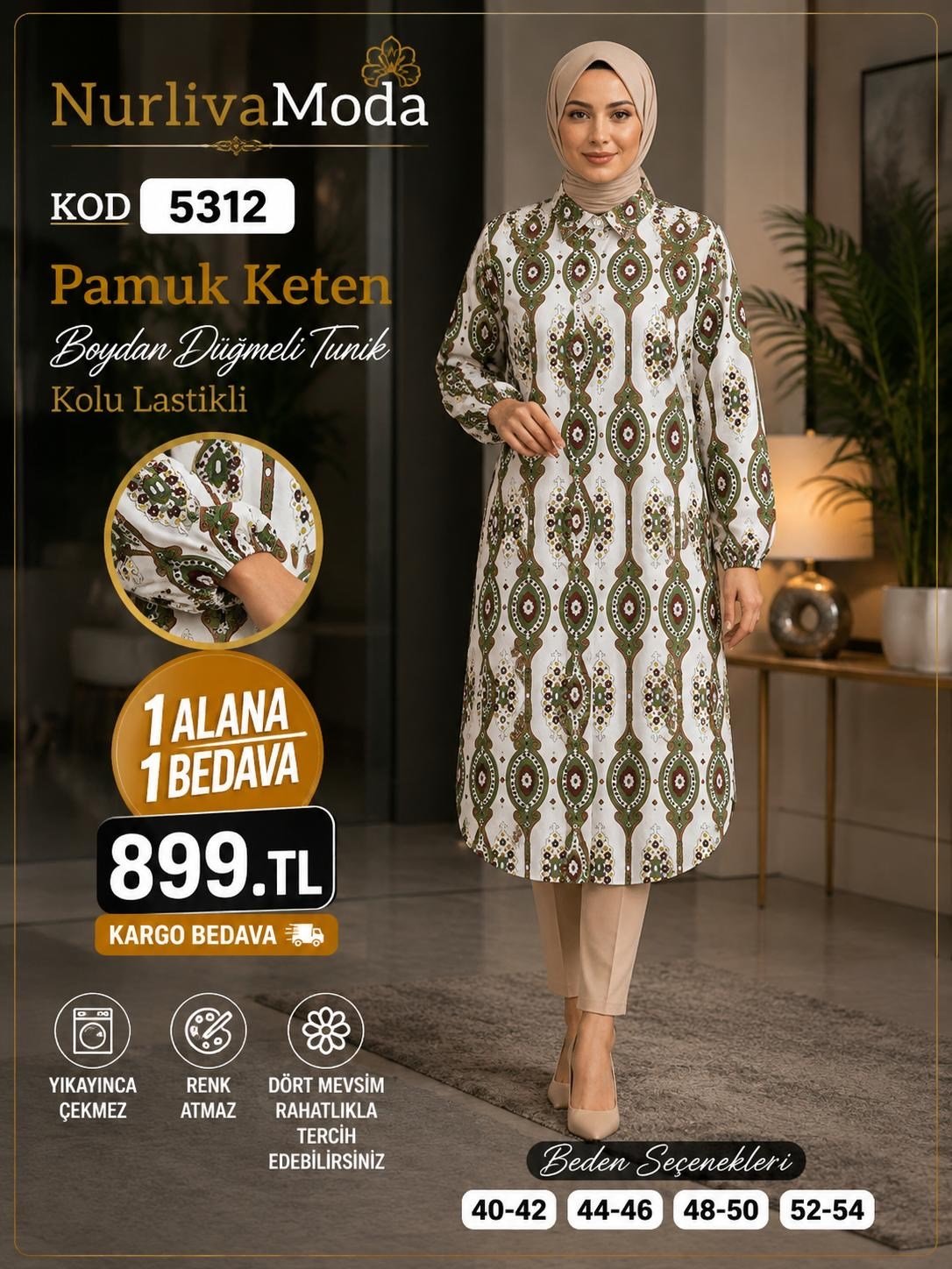 1 ALANA 1 BEDAVA 899 TL KARGO BEDAVA  PAMUK KETEN BOYDAN DÜĞMELİ TUNİK YEŞİL