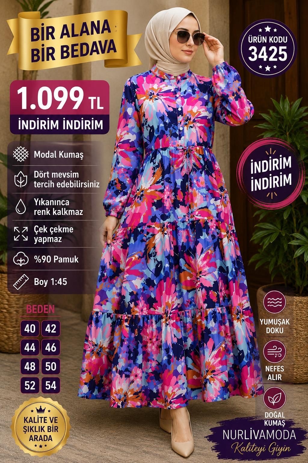 1 ALANA 1 BEDAVA KARDO BEDAVA BELDEN BAĞLAMALI MODAL KUMAŞ ÇİÇEKLİ ELBİSE FUŞYA 