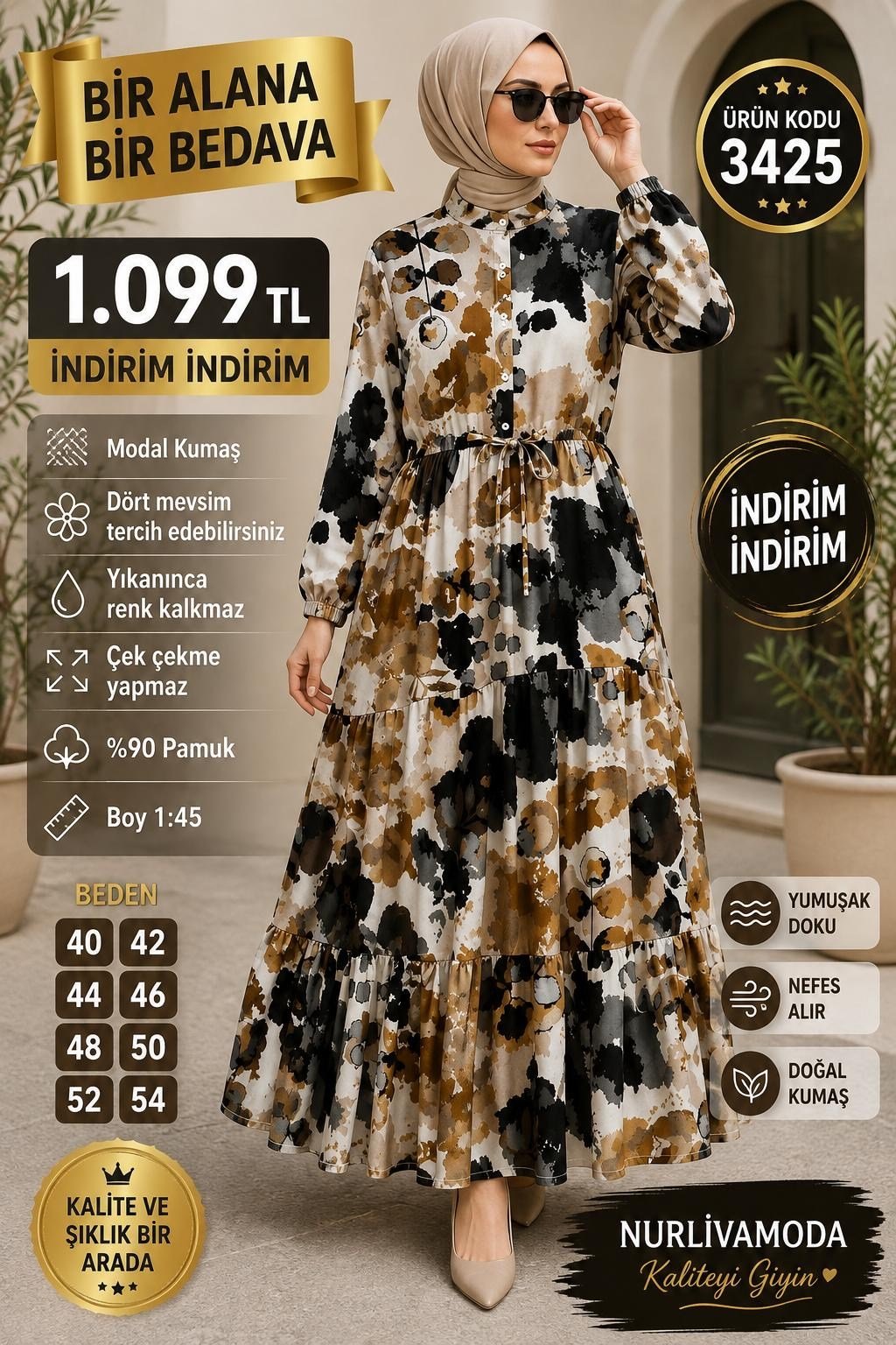 1 ALANA 1 BEDAVA KARDO BEDAVA BELDEN BAĞLAMALI MODAL KUMAŞ ÇİÇEKLİ ELBİSE KAHVERENGİ
