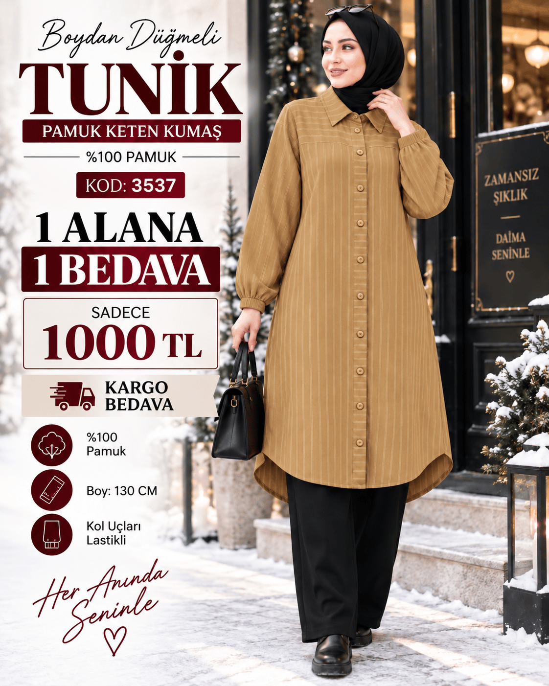 1 ALANA 1 BEDAVA KARGO BEDAVA 1000 TL BOYDAN DÜĞMELİ  TUNİK  SÜTLÜ KAHVE 