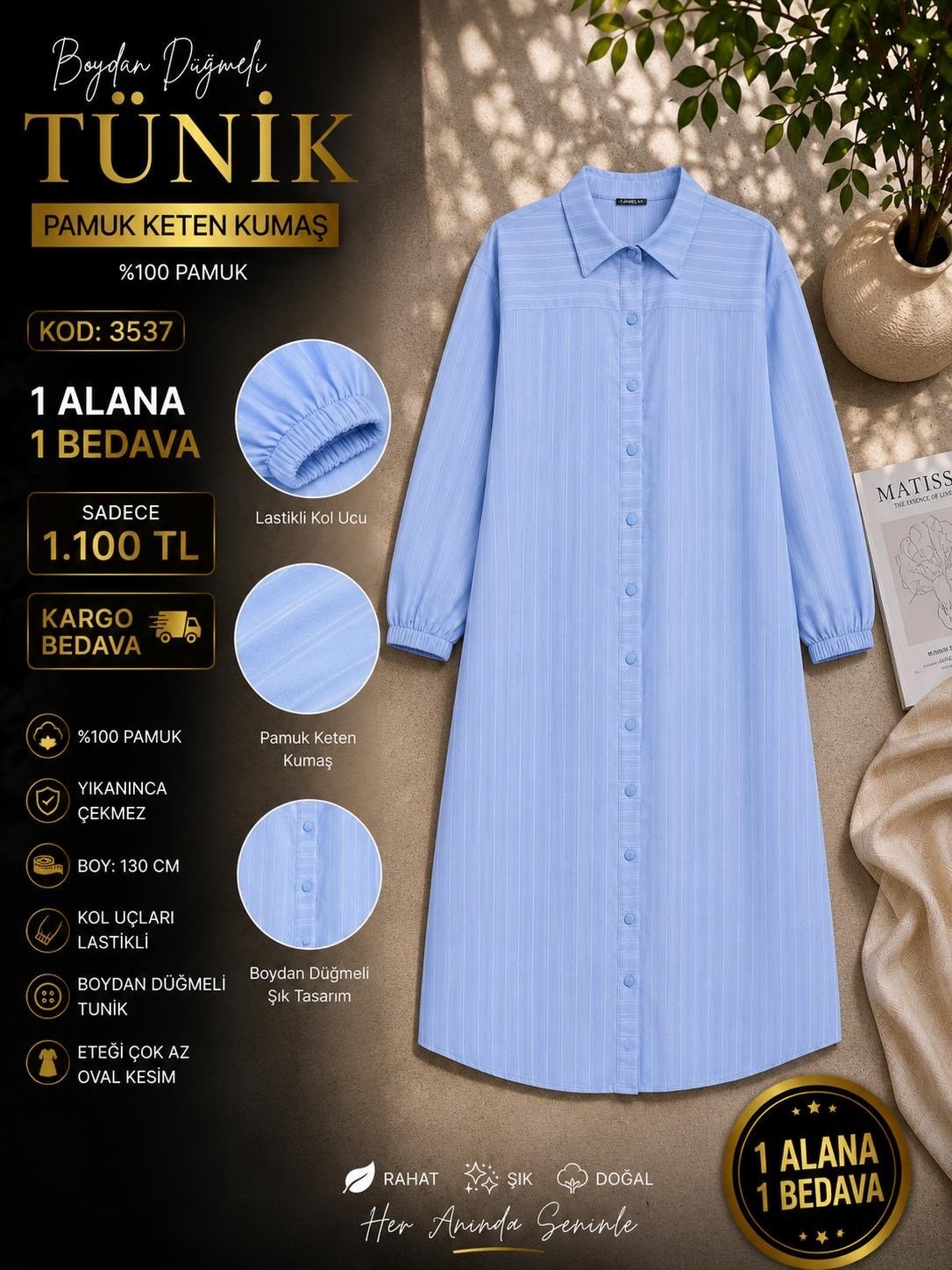 1 ALANA 1 BEDAVA KARGO BEDAVA 1100 TL BOYDAN DÜĞMELİ  TUNİK BEBE MAVİSİ