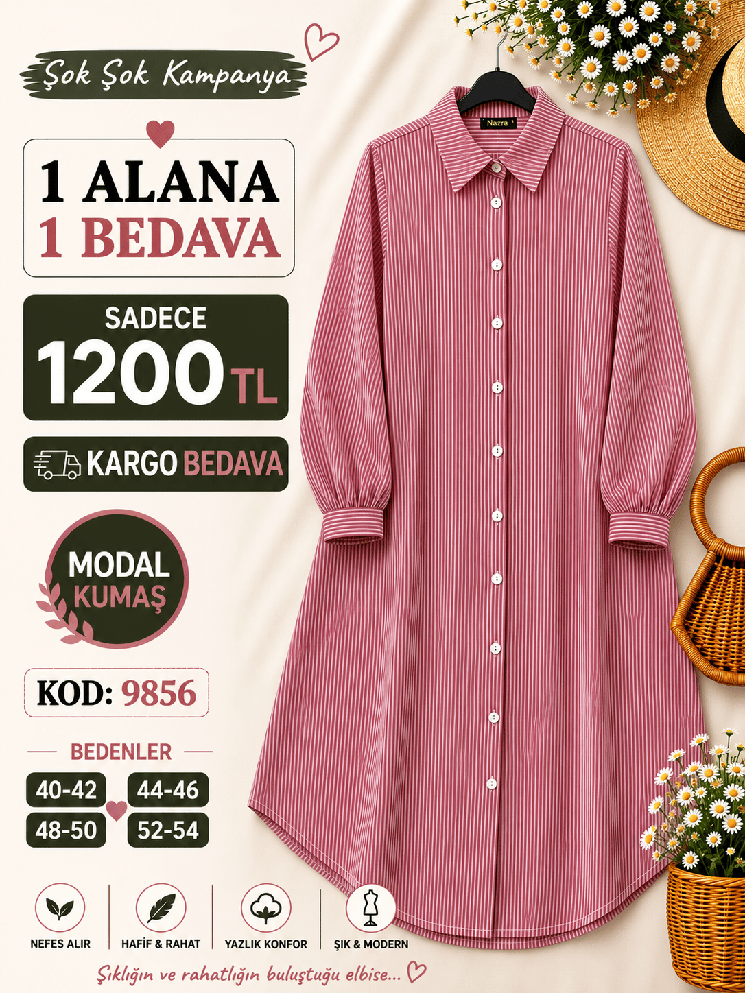 1 ALANA 1 BEDAVA KARGO BEDAVA ÇİZGİLİ VİSKON KETEN KUMAŞ BOYDAN DÜĞMELİ TUNİK KIRMIZI 