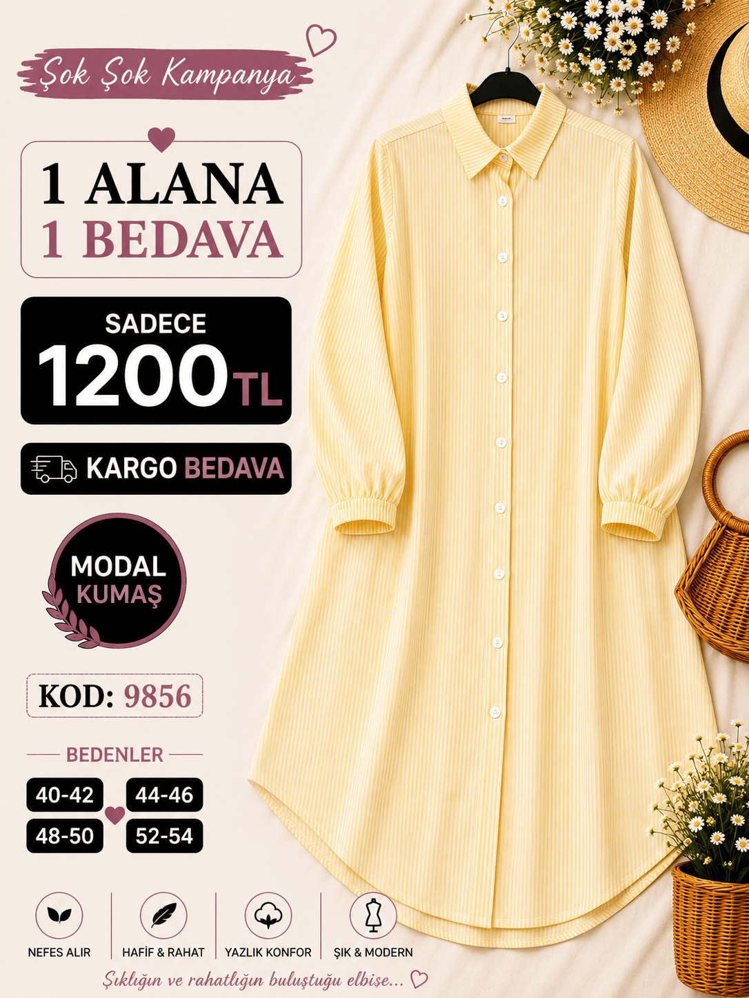 1 ALANA 1 BEDAVA KARGO BEDAVA ÇİZGİLİ VİSKON KETEN KUMAŞ BOYDAN DÜĞMELİ TUNİK SARI