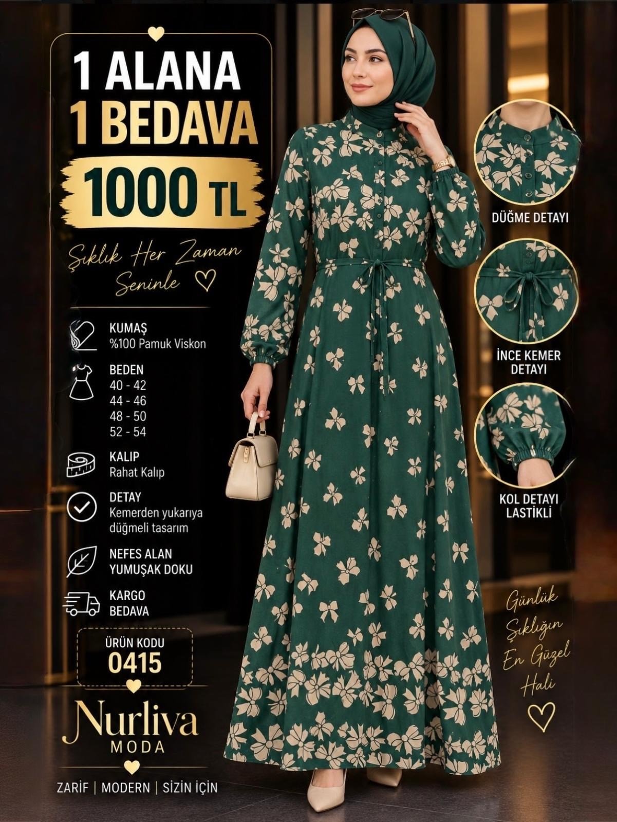 1 ALANA 1 BEDAVA KARGO BEDAVA KELEBEK DESENLİ DÜZ VİSKON KUMAŞ ELBİSE YEŞİL 