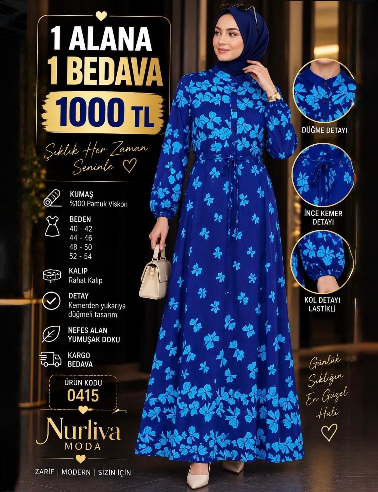 1 ALANA 1 BEDAVA KARGO BEDAVA KELEBEK DESENLİ DÜZ VİSKON KUMAŞ ELBİSE MAVİ 