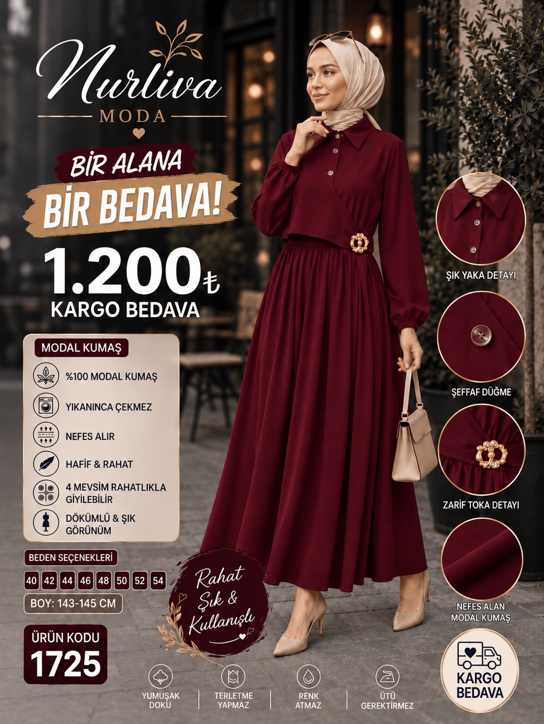 1725 MODAL KUMSAŞ BROŞ DETAYLI YANDAN BAĞLAMALI YENİ SEZON ELBİSE BORDO 