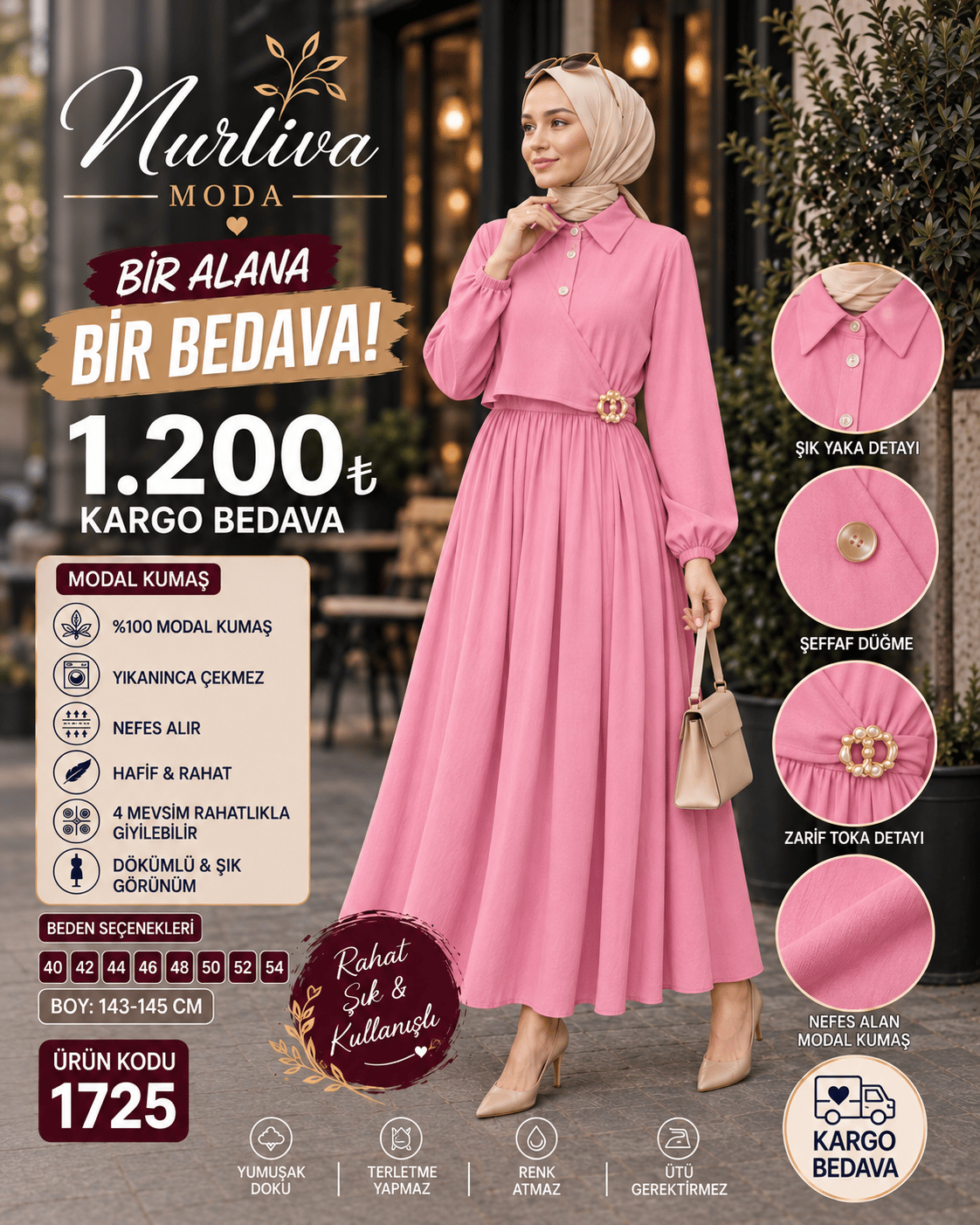 1725 MODAL KUMSAŞ BROŞ DETAYLI YANDAN BAĞLAMALI YENİ SEZON ELBİSE PEMBE 