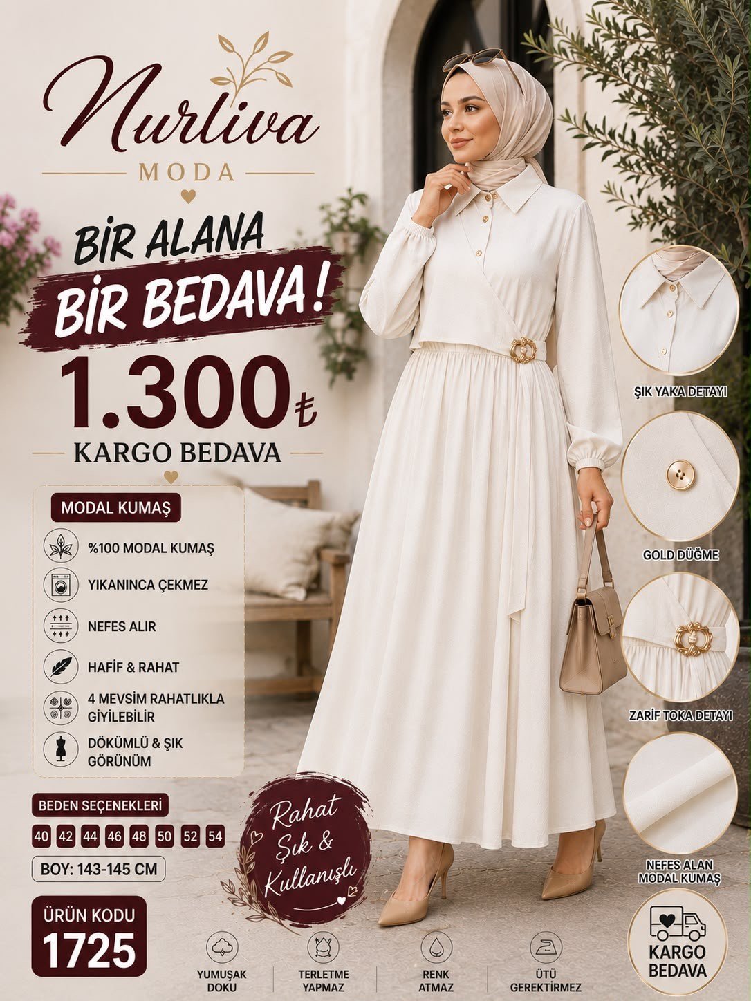 1725 MODAL KUMSAŞ BROŞ DETAYLI YANDAN BAĞLAMALI YENİ SEZON ELBİSE BEYAZ 