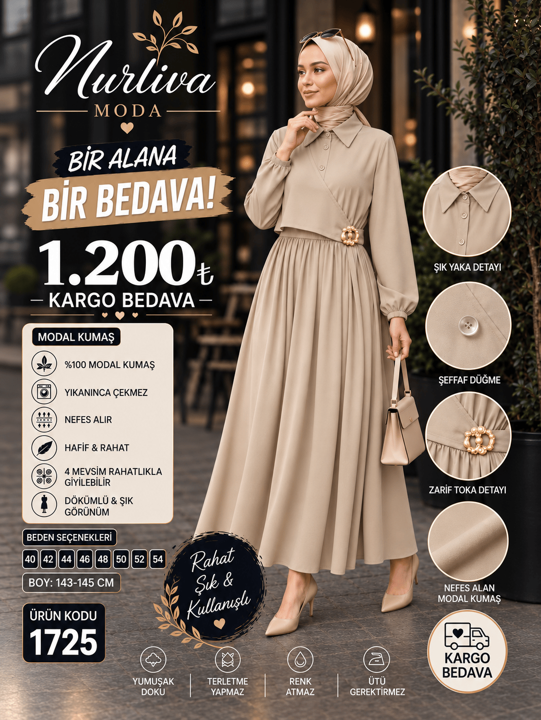 1725 MODAL KUMSAŞ BROŞ DETAYLI YANDAN BAĞLAMALI YENİ SEZON ELBİSE BEJ