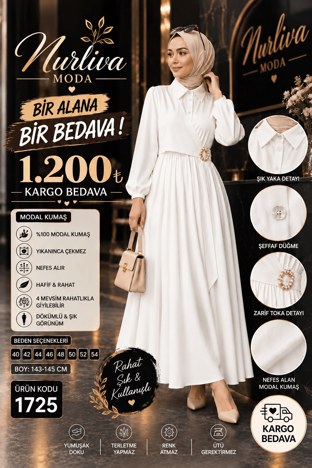 1725 MODAL KUMSAŞ BROŞ DETAYLI YANDAN BAĞLAMALI YENİ SEZON ELBİSE BEYAZ 
