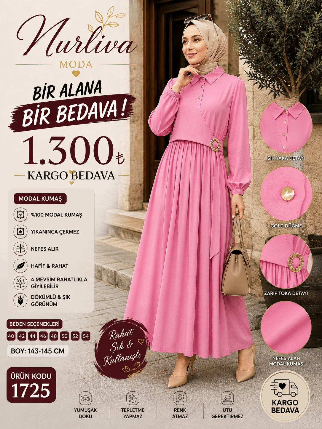 1725 MODAL KUMSAŞ BROŞ DETAYLI YANDAN BAĞLAMALI YENİ SEZON ELBİSE PEMBE 