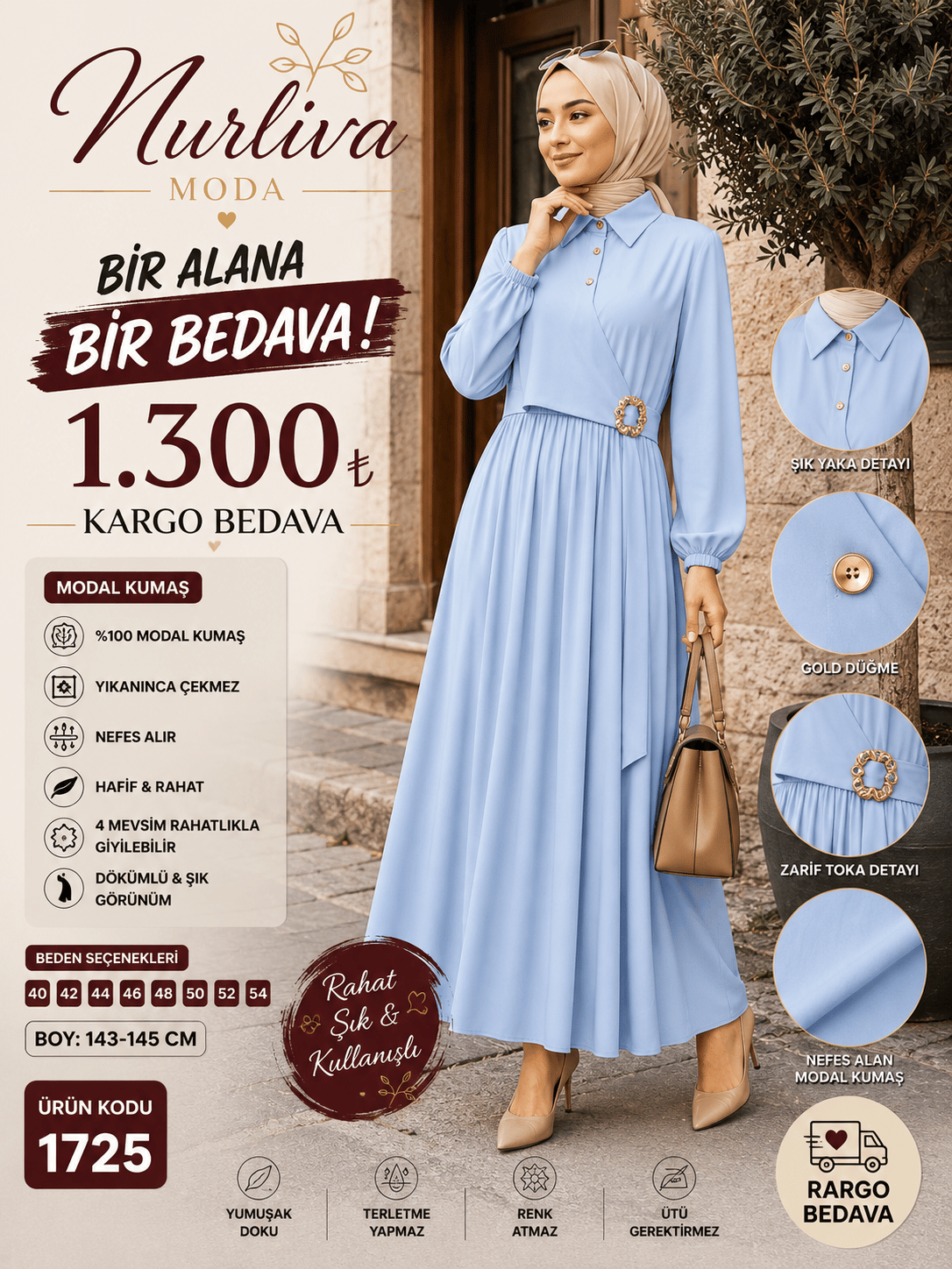 1725 MODAL KUMSAŞ BROŞ DETAYLI YANDAN BAĞLAMALI YENİ SEZON ELBİSE BEBE MAVİSİ 