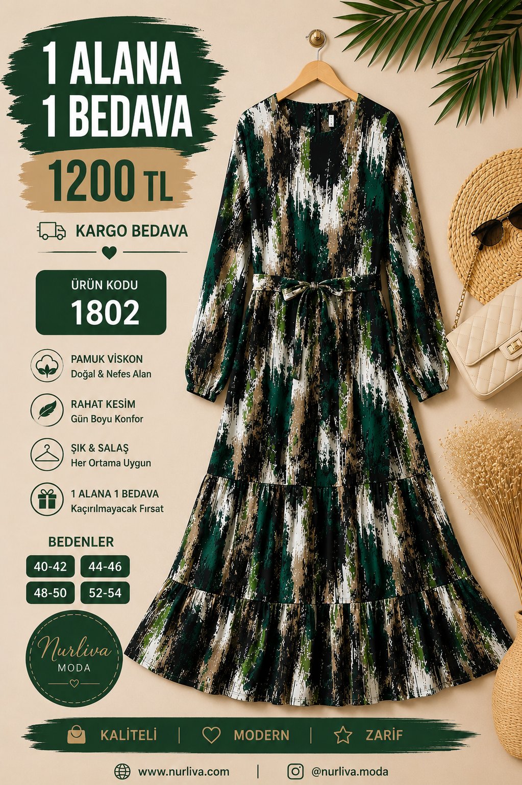 1802 BELDEN BAĞLAMALI BOYDAN VİSKON ELBİSE YEŞİL 