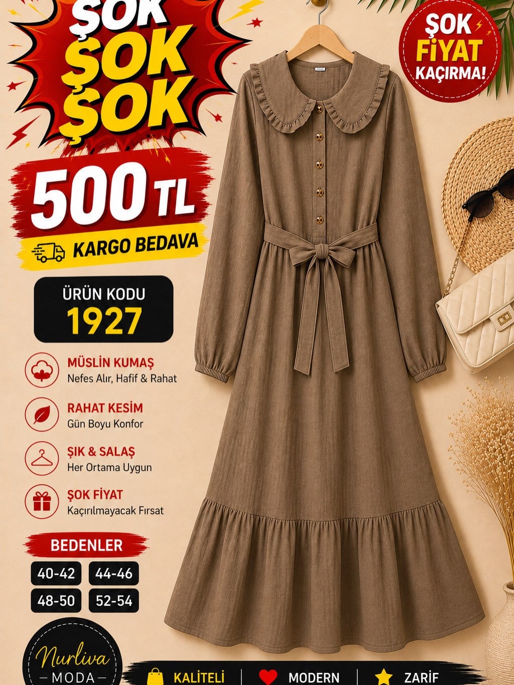 1927 MÜSLİN KUMAŞ SEYYAR KEMERLİ YARIYA KADAR DÜĞMELİ ELBİSE SÜTLÜ KAHVE 