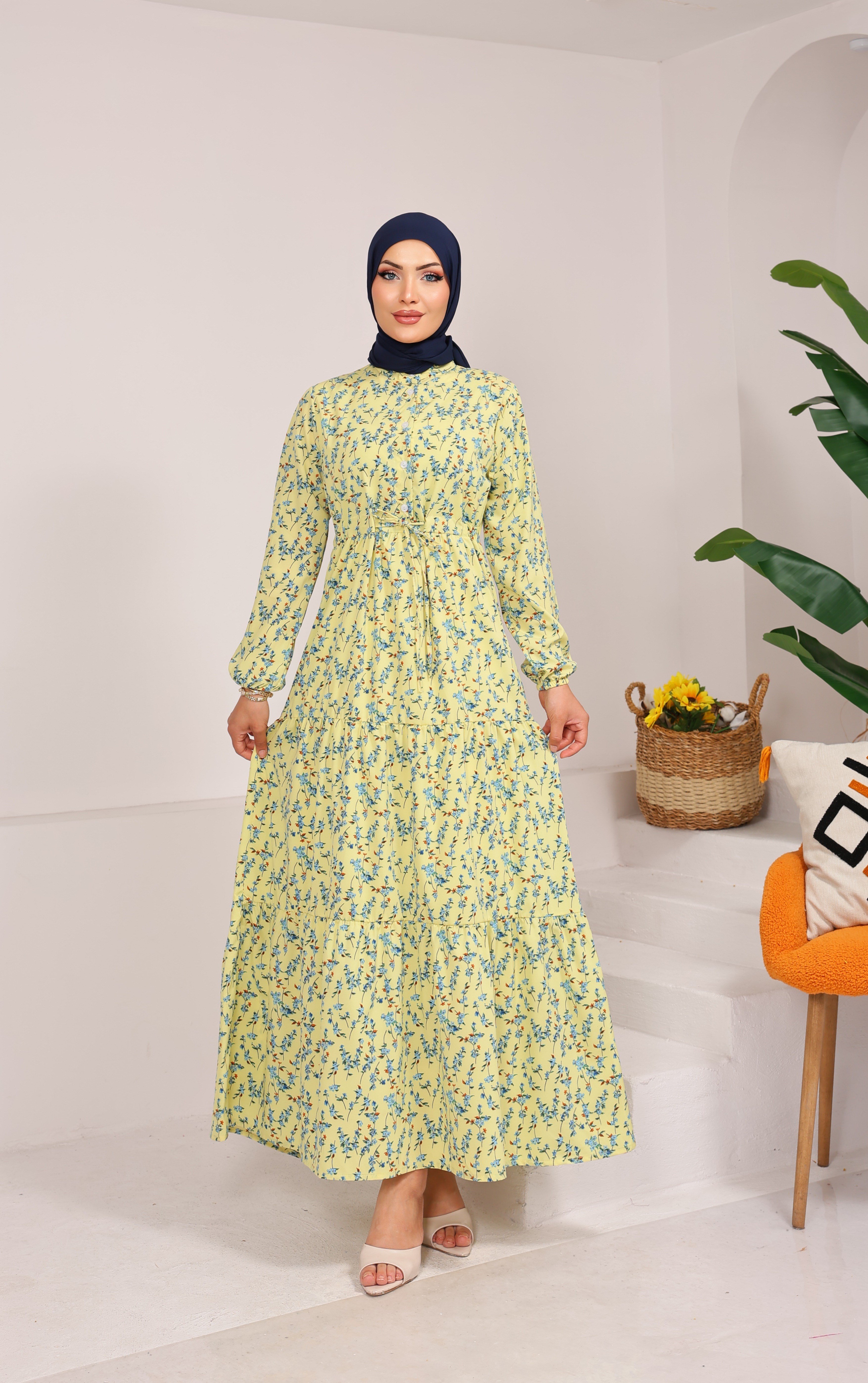37491 ÇİÇEKLİ VİSKON BELDEN BAĞLAMALI VİSKON ELBİSE  SARI 