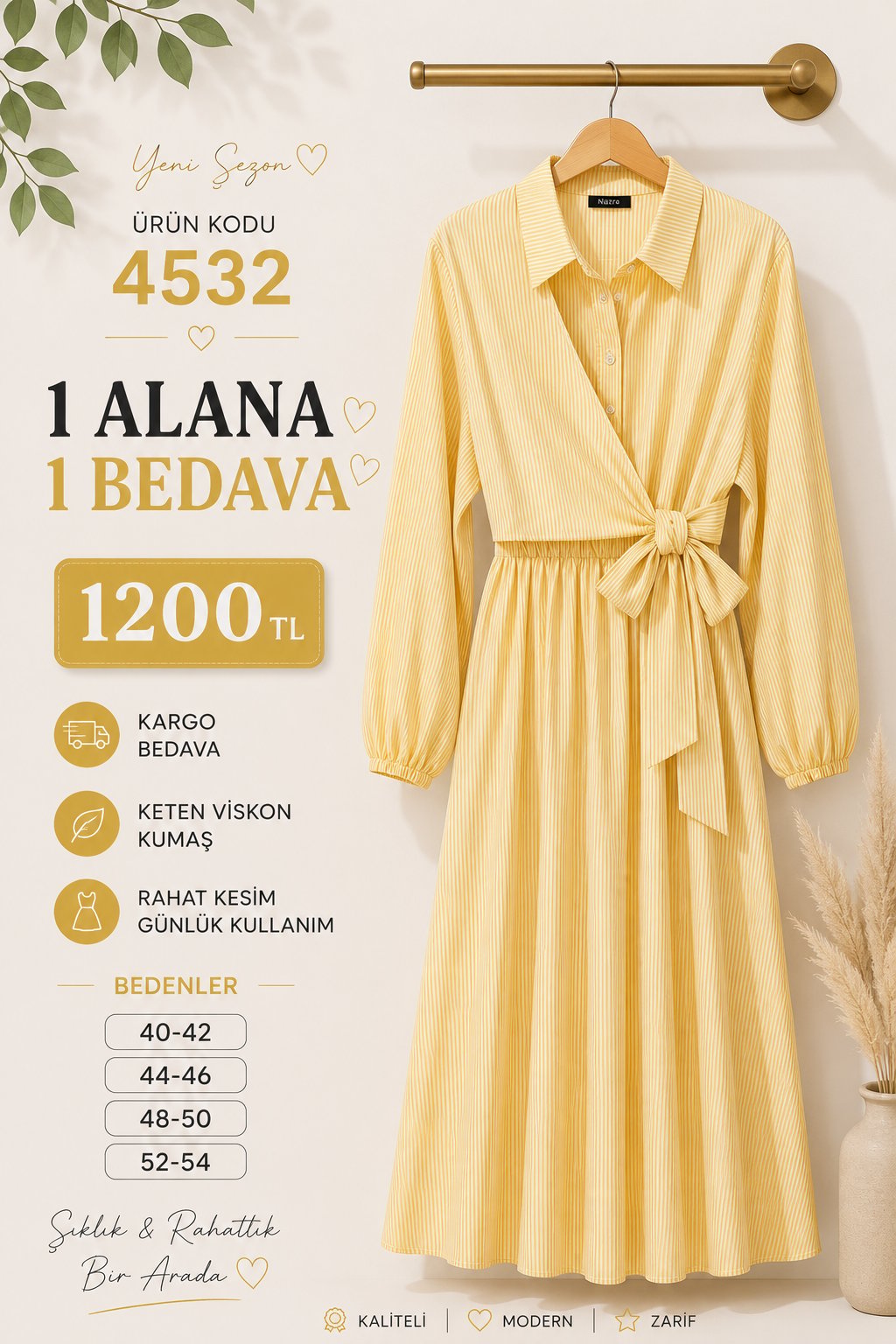 4532  YANDAN BAĞLAMALI YARIYA KADAR DÜZĞMELİ İNCE ÇİZGİLİ ELBİSE  SARI