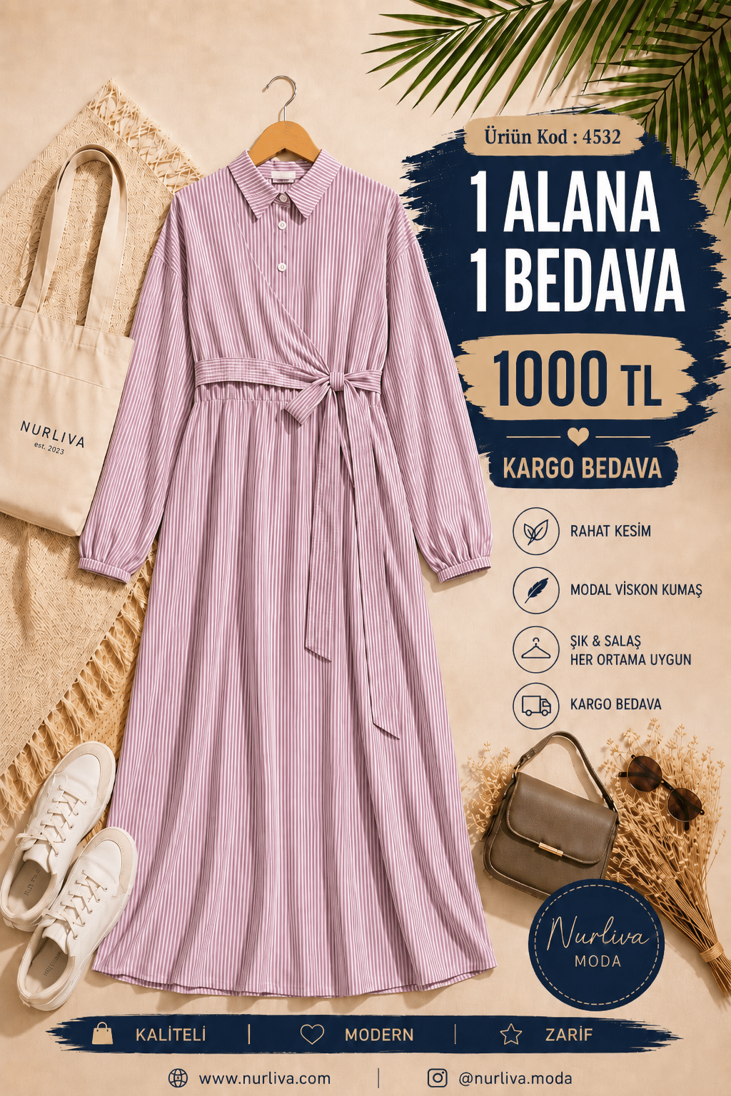 4532  YANDAN BAĞLAMALI YARIYA KADAR DÜZĞMELİ İNCE ÇİZGİLİ ELBİSE  MÜRDÜM