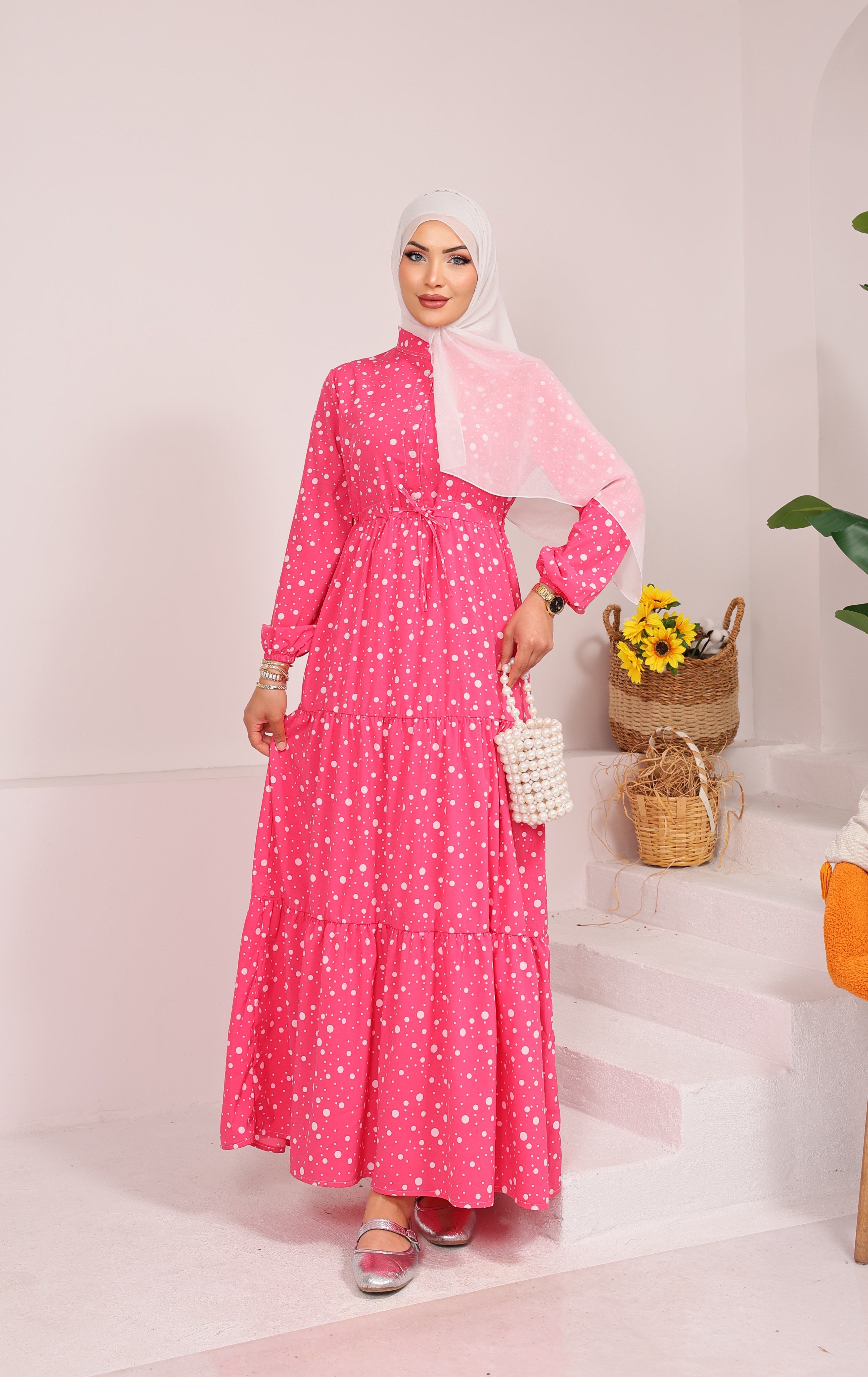 65426 ÇİÇEK DESENLİ BELDEN BAĞLAMALI YARIYA KADAR DÜĞMELİ VİSKON KUMAŞ ELBİSE PEMBE 