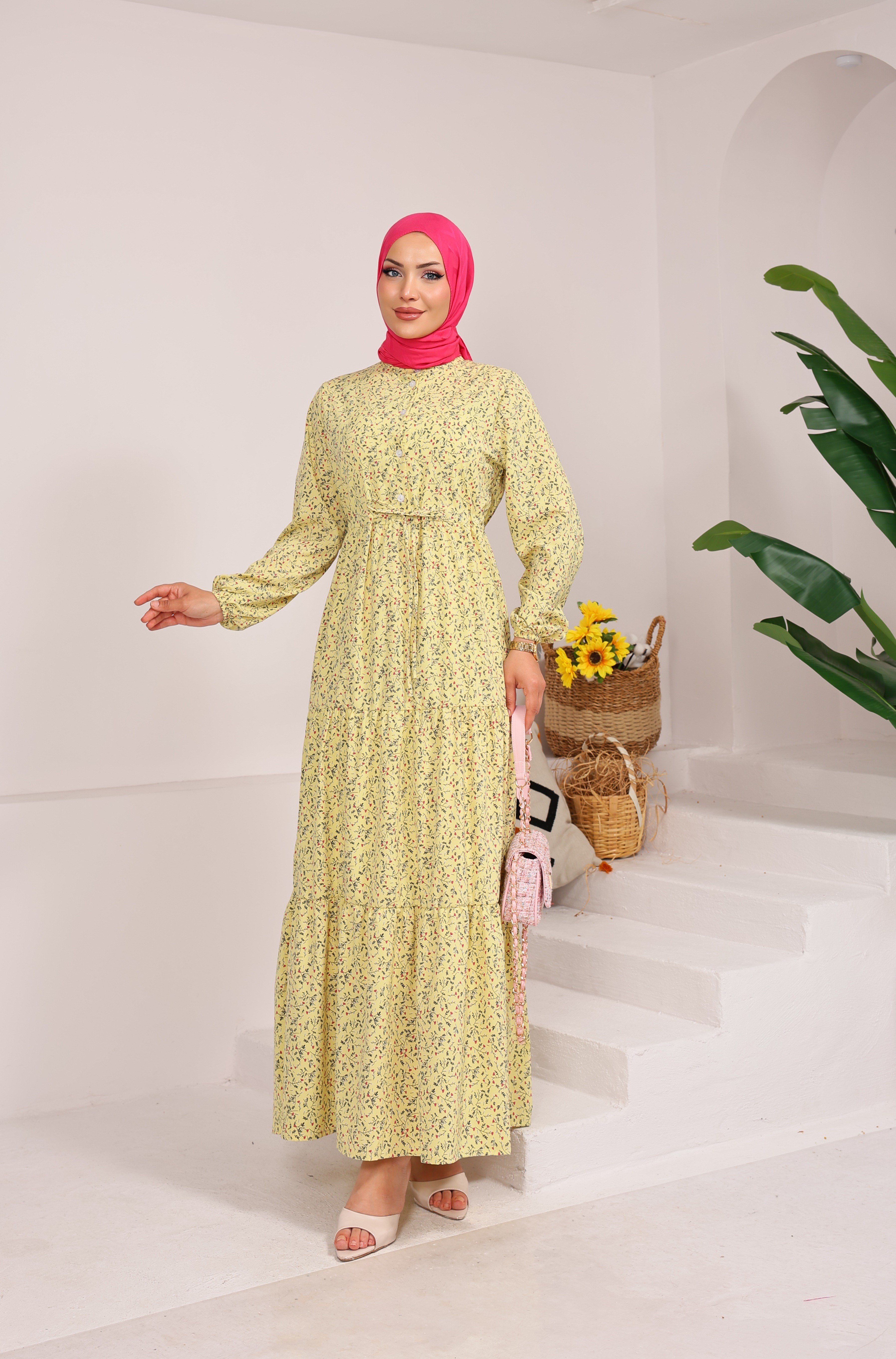 76153 ÇİÇEK DESENLİ BELDEN BAĞLAMALI VİSKON KUMAŞ ELBİSE SARI 