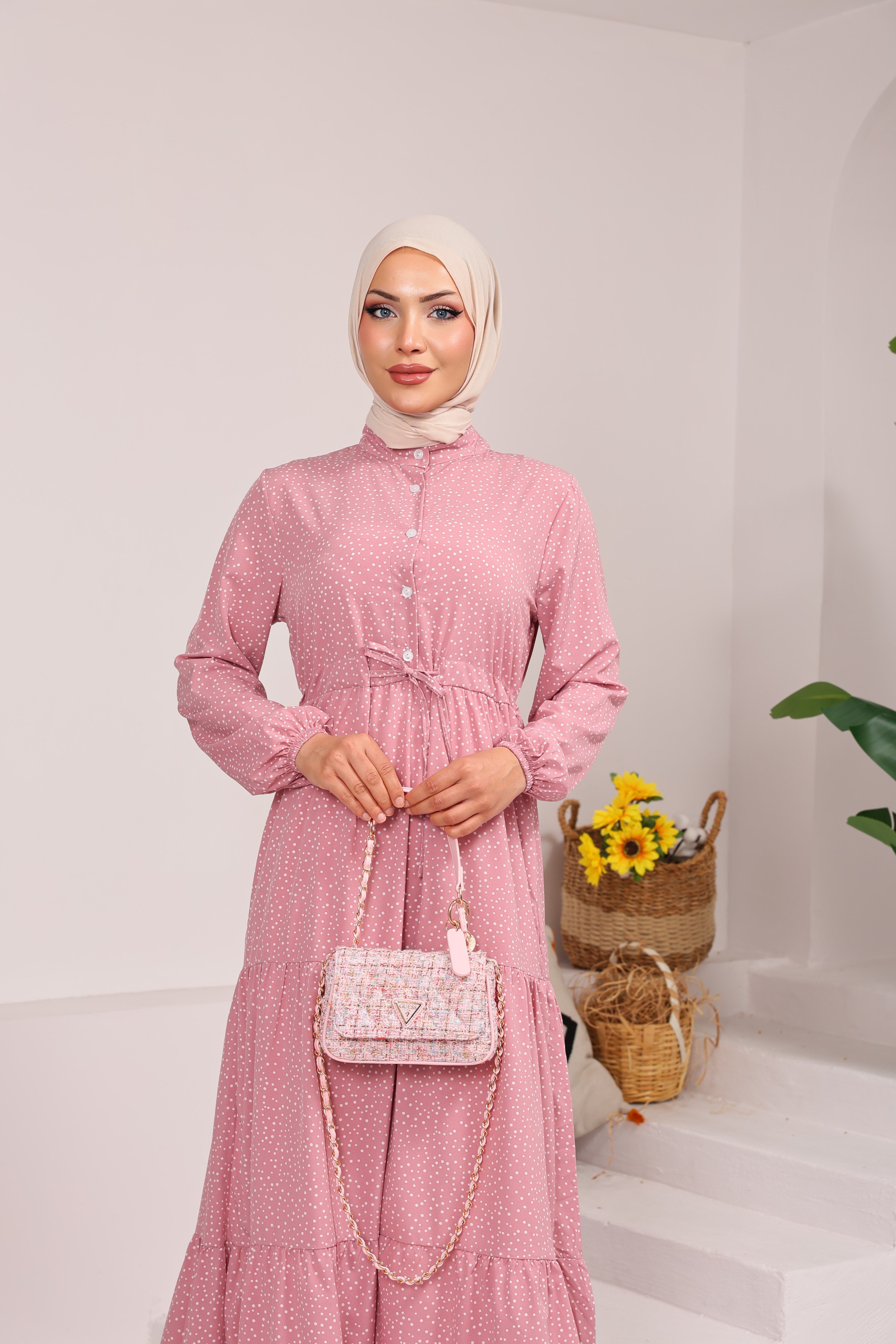 86210 KÜÇÜK PUANTİYELİ YARIYA KADAR DÜĞMELİ VİSKON KUMAŞ ELBİSE TOZ PEMBE 
