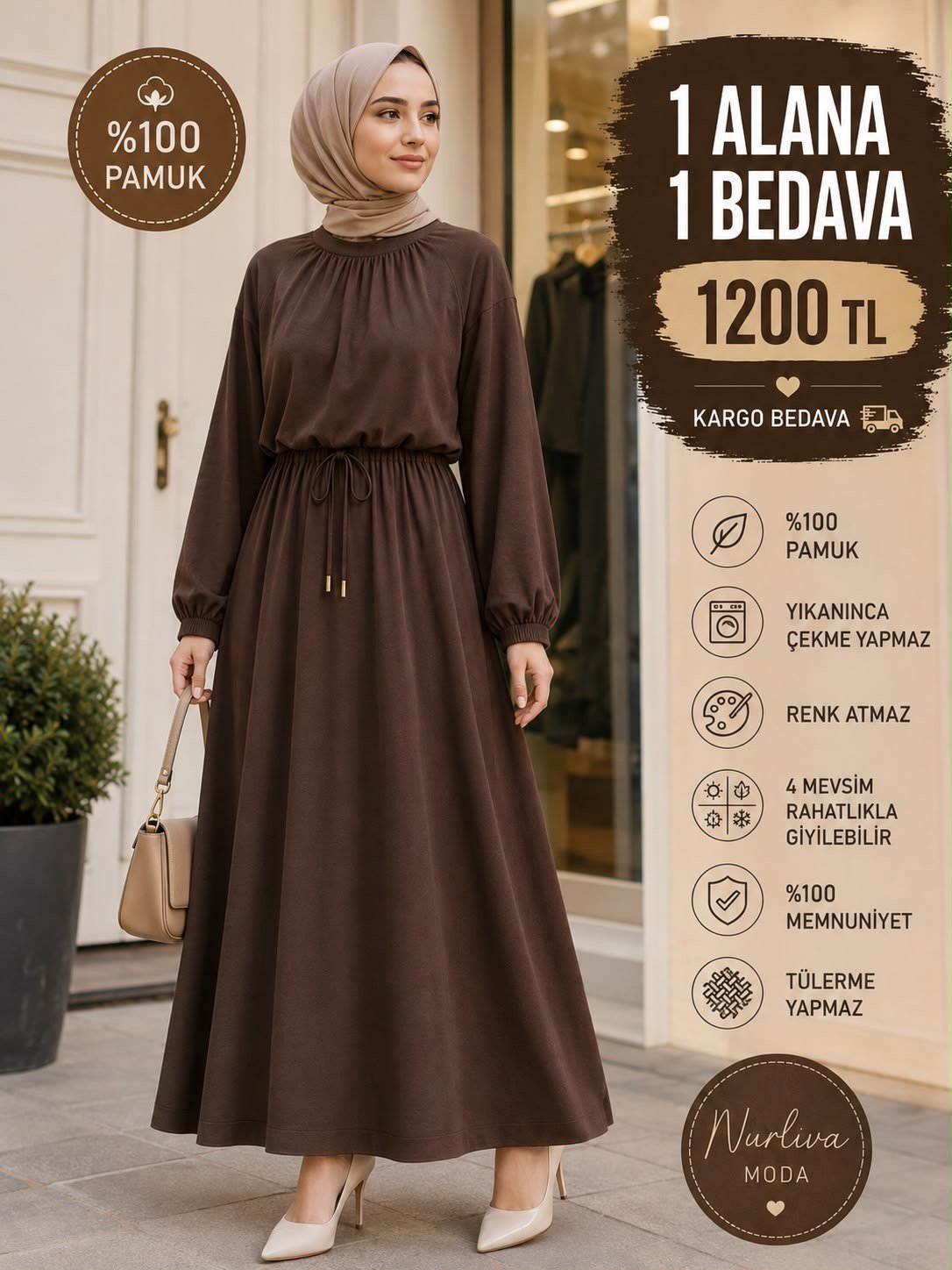 8891 İthal Kristal Penye Kumaş Nur Etekli Takım kahverengi