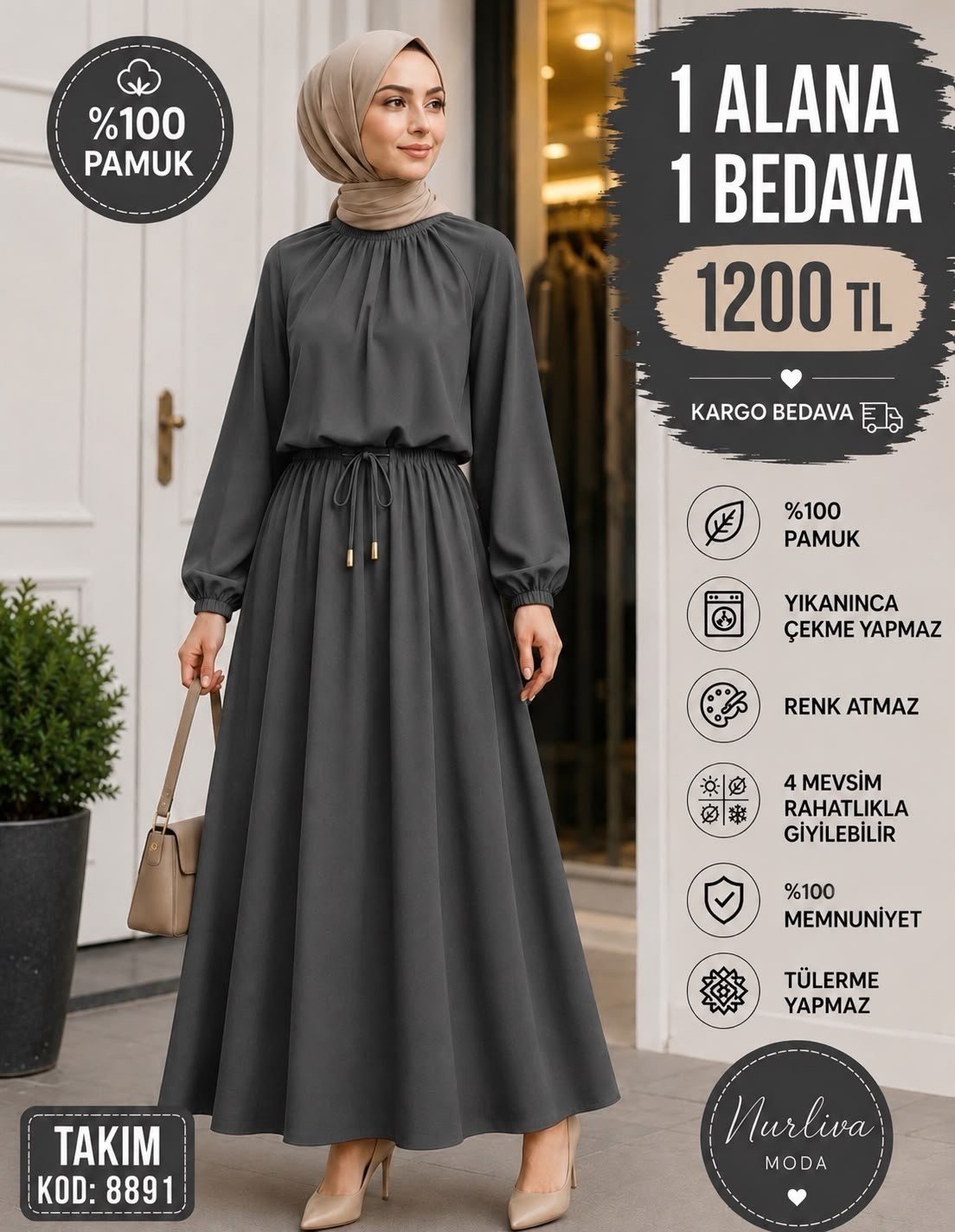 8891 İthal Kristal Penye Kumaş Nur Etekli Takım füme 