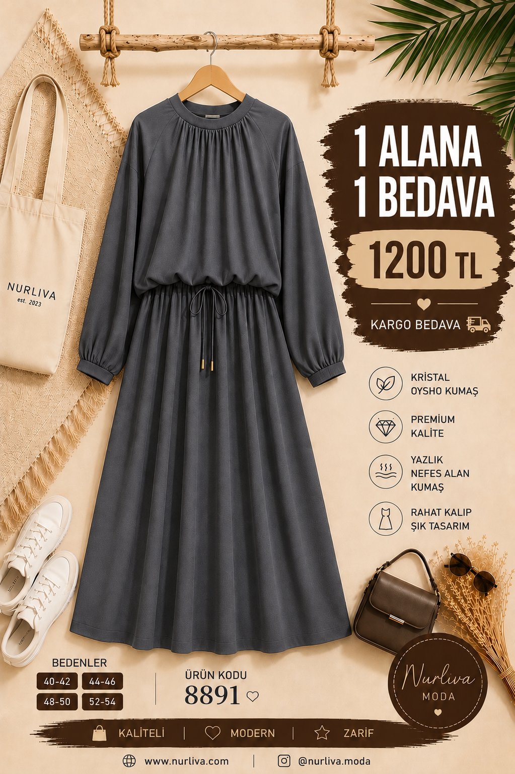 8891 İthal Kristal Penye Kumaş Nur Etekli Takım füme 