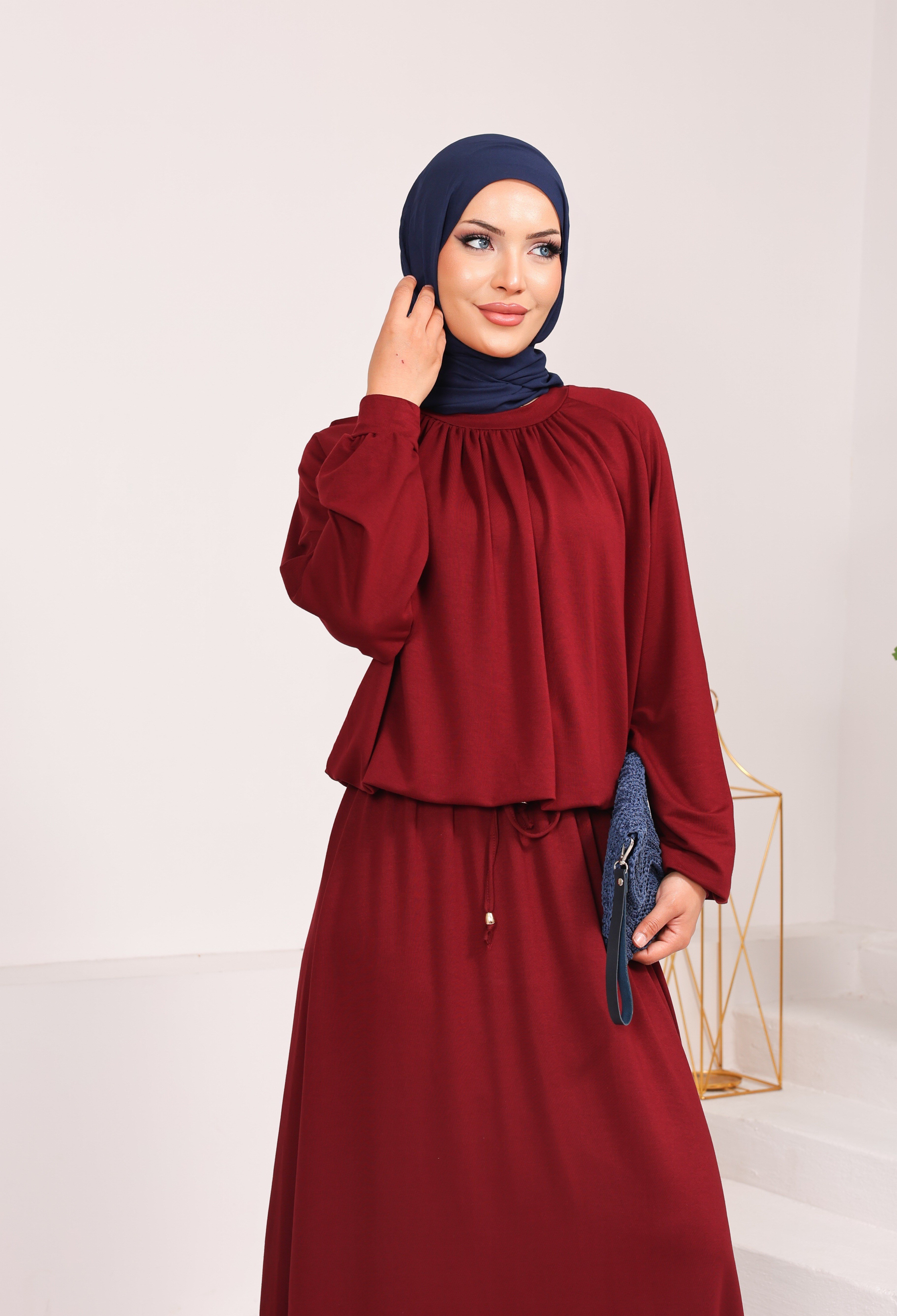 8891 İthal Kristal Penye Kumaş Nur Etekli Takım bordo 