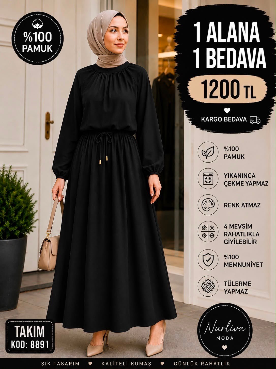 8891 İthal Kristal Penye Kumaş Nur Etekli Takım siyah 