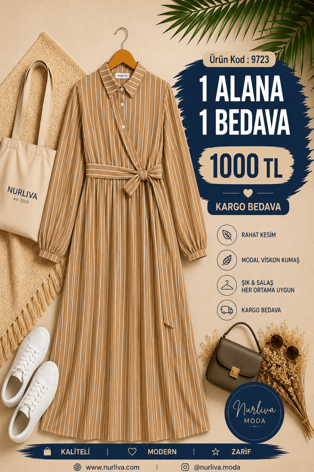 9723  YANDAN BAĞLAMALI MODAL VİSKON YENİ SEZON ÇİZGİLİ ELBİSE  SÜTLÜ KAHVE 