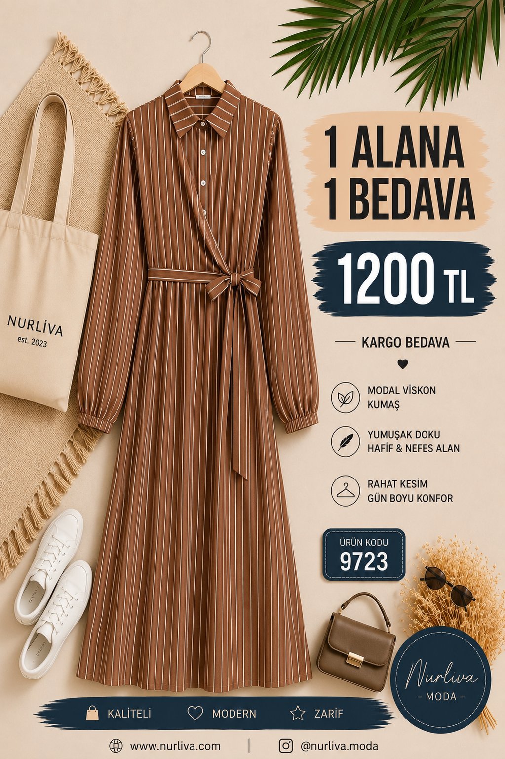 9723  YANDAN BAĞLAMALI MODAL VİSKON YENİ SEZON ÇİZGİLİ ELBİSE KAHVERENGİ 