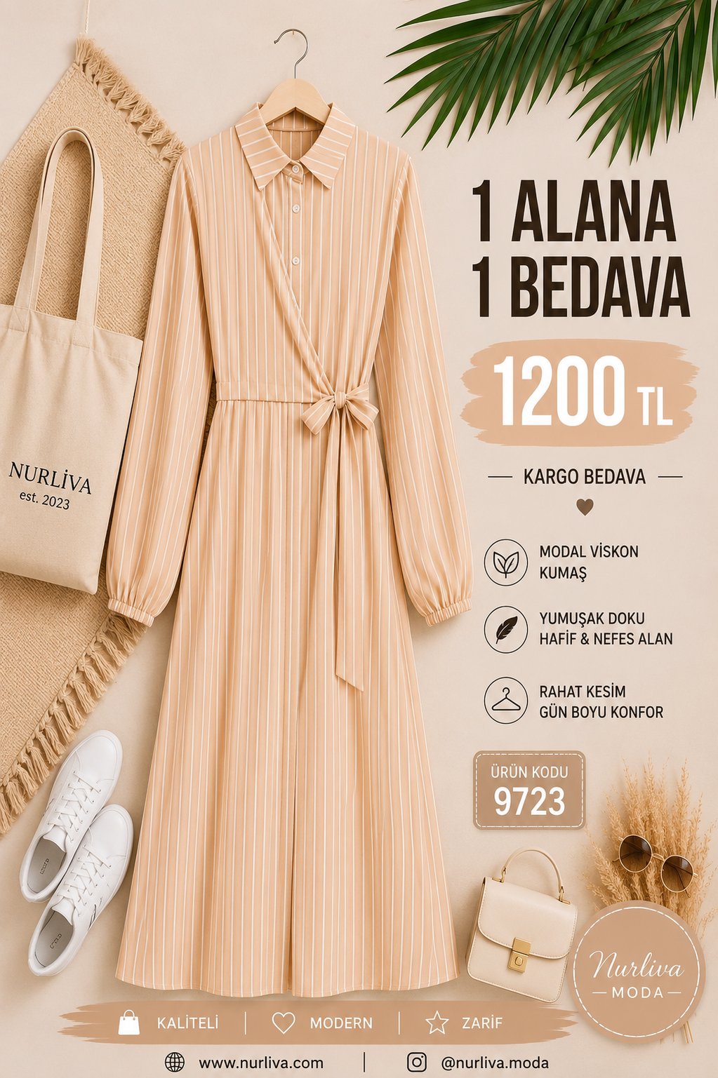 9723  YANDAN BAĞLAMALI MODAL VİSKON YENİ SEZON ÇİZGİLİ ELBİSE  SÜTLÜ KAHVE 