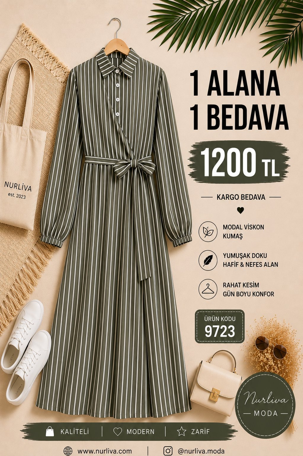 9723  YANDAN BAĞLAMALI MODAL VİSKON YENİ SEZON ÇİZGİLİ ELBİSE  YEŞİL 
