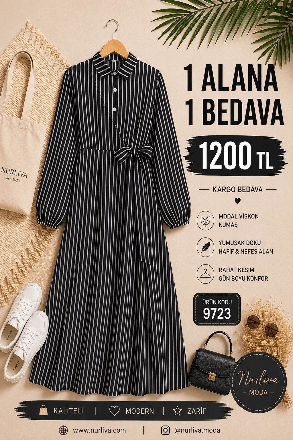 9723  YANDAN BAĞLAMALI MODAL VİSKON YENİ SEZON ÇİZGİLİ ELBİSE SİYAH 