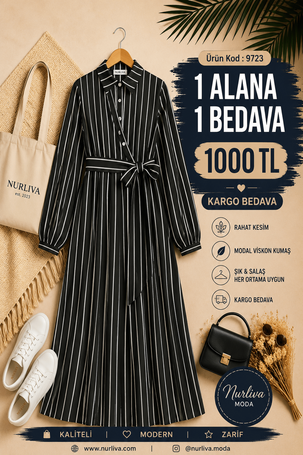 9723  YANDAN BAĞLAMALI MODAL VİSKON YENİ SEZON ÇİZGİLİ ELBİSE SİYAH 