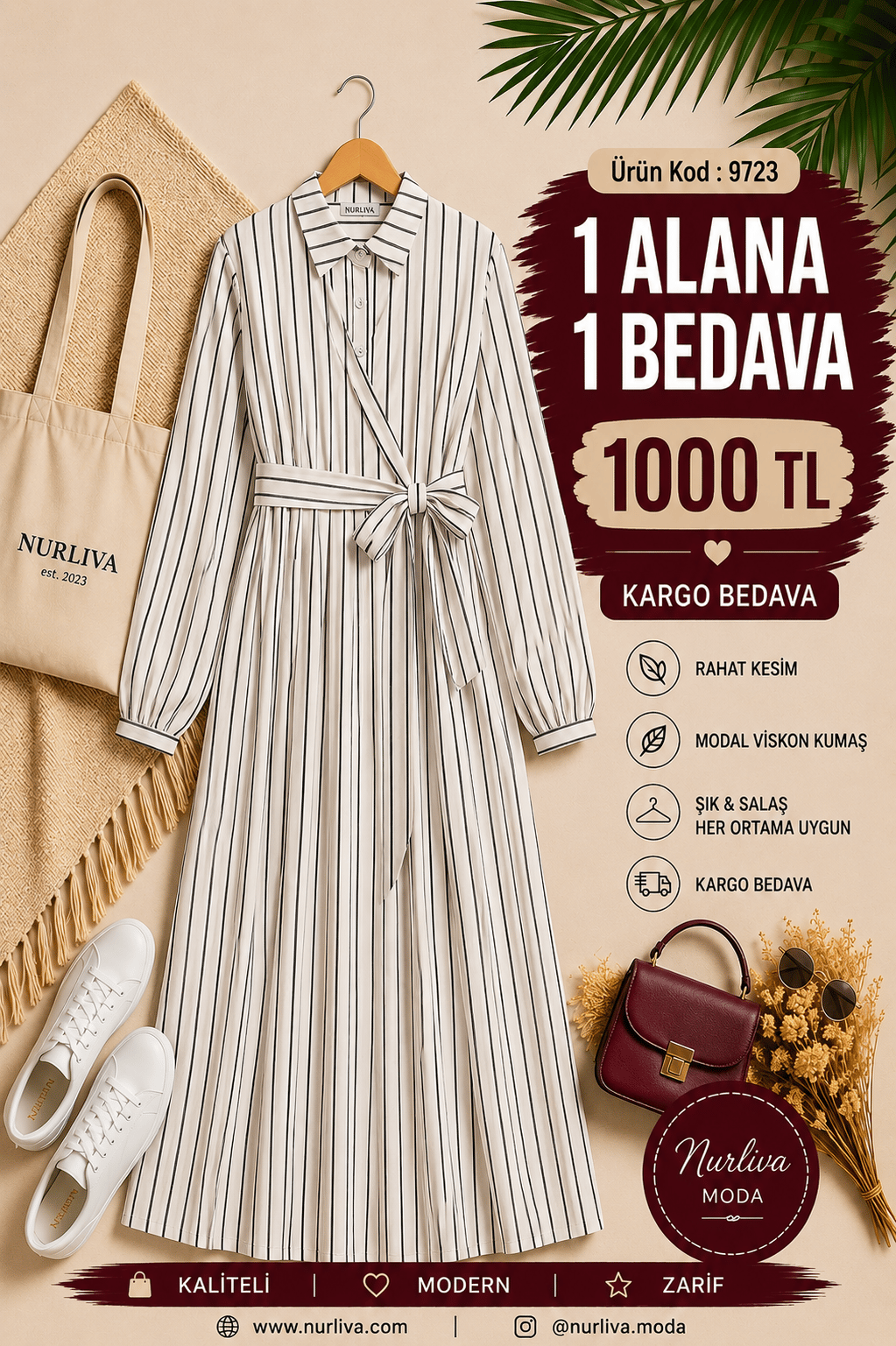 9723  YANDAN BAĞLAMALI MODAL VİSKON YENİ SEZON ÇİZGİLİ ELBİSE BEYAZ