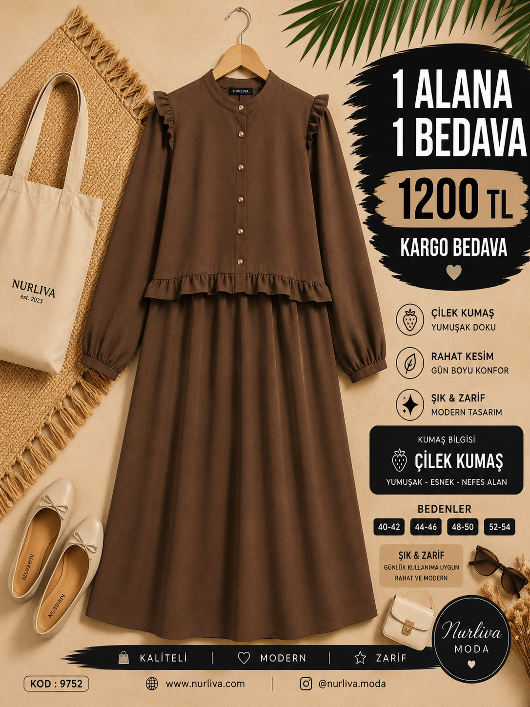 9752 ÇİLEK AYROBİN KUMAŞ FIRFIR DETAYLI ETEKLİ TAKIM KAHVERENGİ 