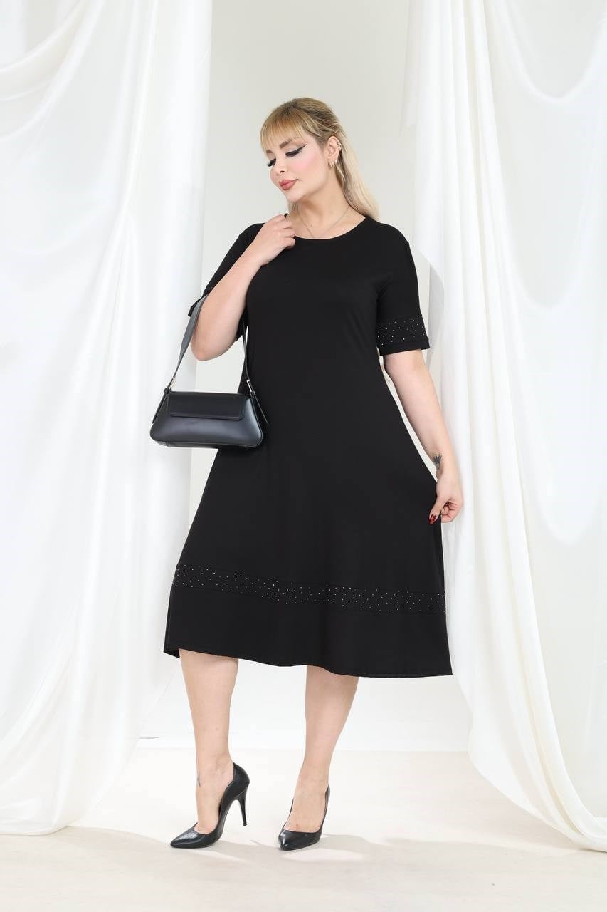 Kadın Büyük Beden Siyah Beyaz Desenli Asimetrik Elbise