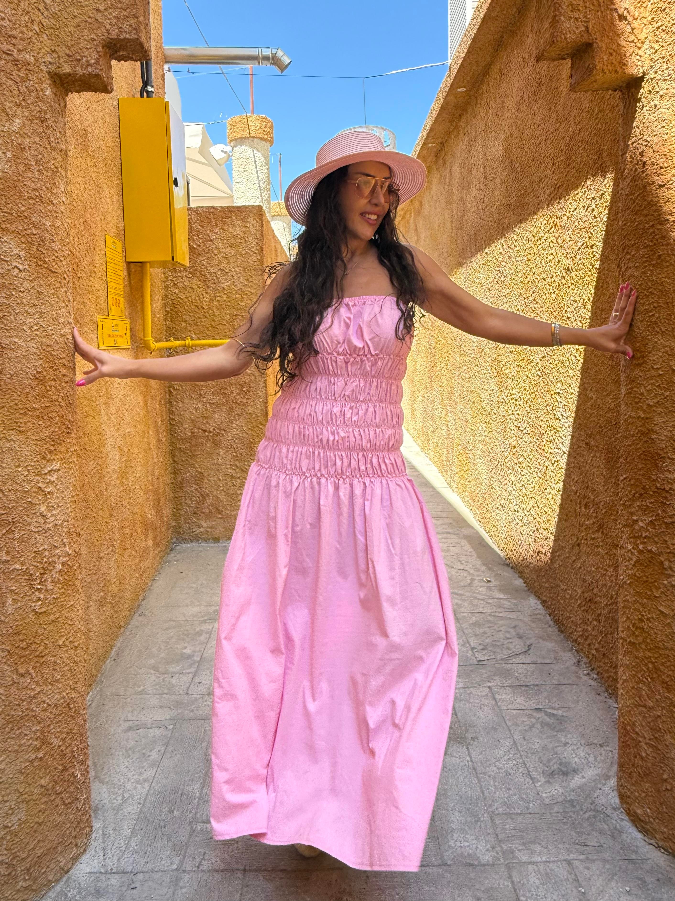  Pembe Straplez Büzgülü Elbise - 1156