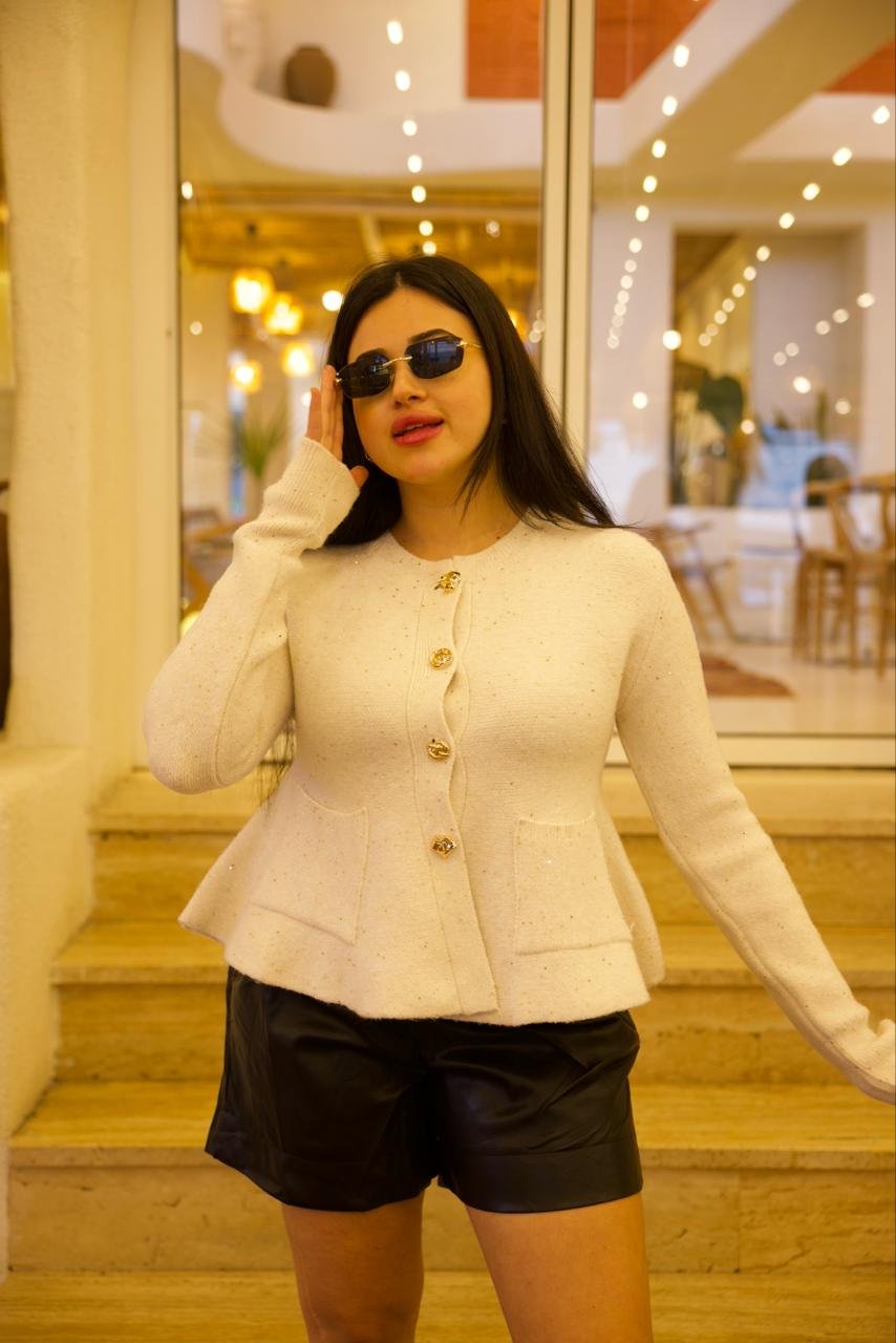 Bej Simli Peplum Triko Hırka - 1169
